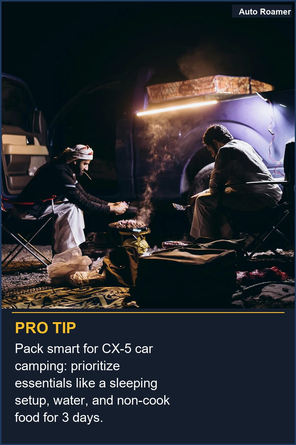 Pack smart for CX-5 car camping: prioritize essentials like a sleeping setup, water, and non-cook food for 3 days.