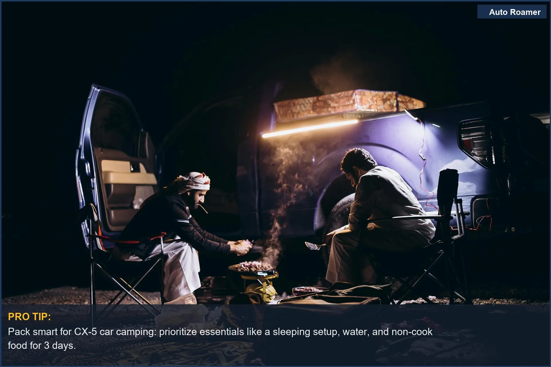 Two men enjoying a cozy night camping and cooking beside a vehicle in Oman's wilderness.