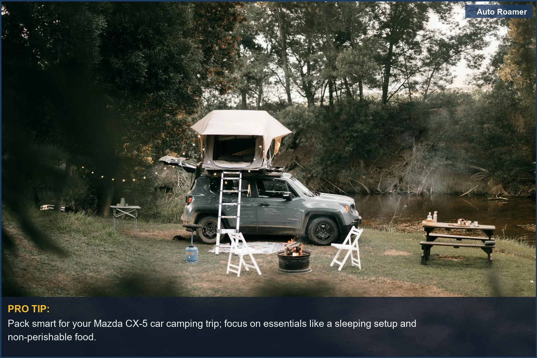 Cozy riverbank car camping scene featuring a car and rooftop tent setup.