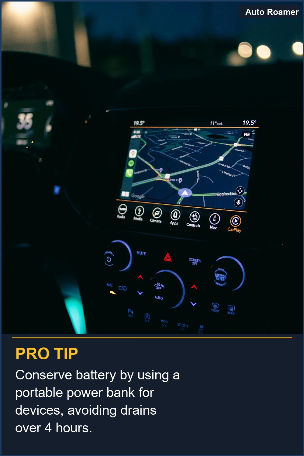 Conserve battery by using a portable power bank for devices, avoiding drains over 4 hours.