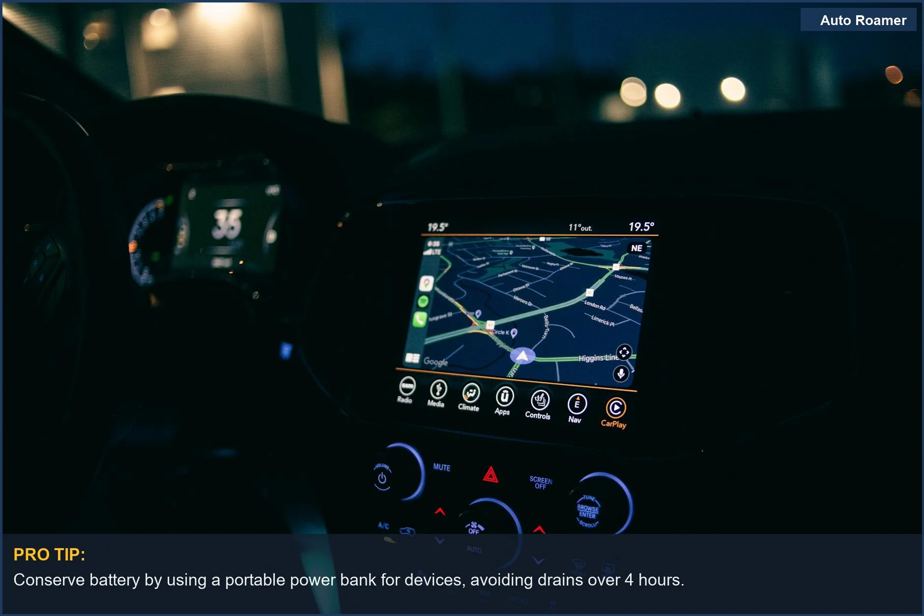 Interior view of a Nissan Rogue's GPS navigation system illuminated at night.