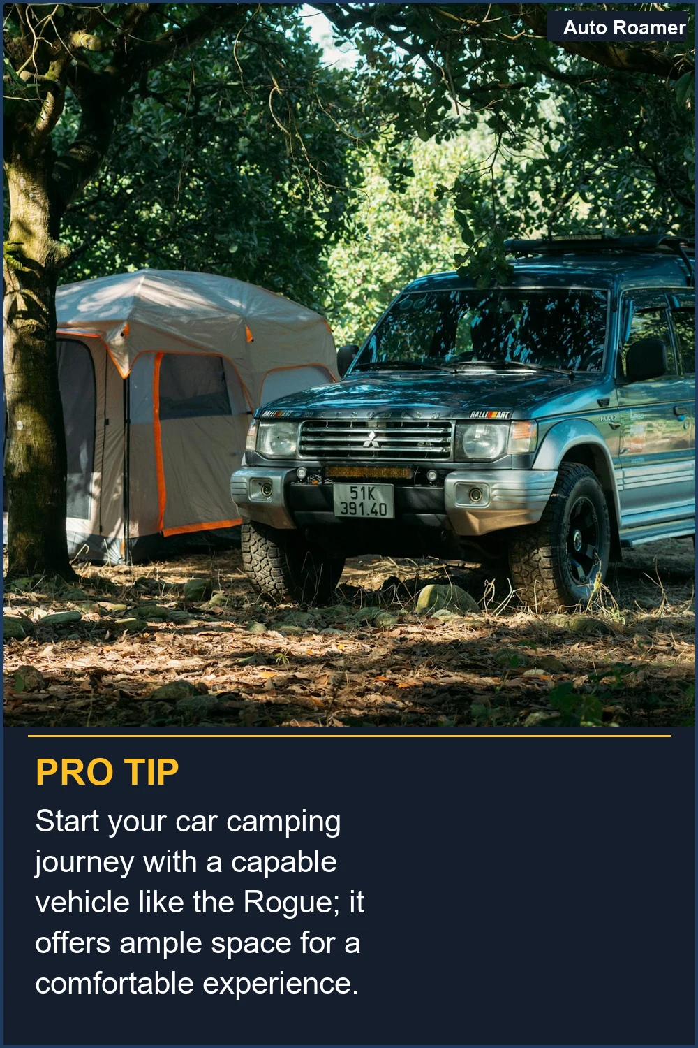 Start your car camping journey with a capable vehicle like the Rogue; it offers ample space for a comfortable experience.