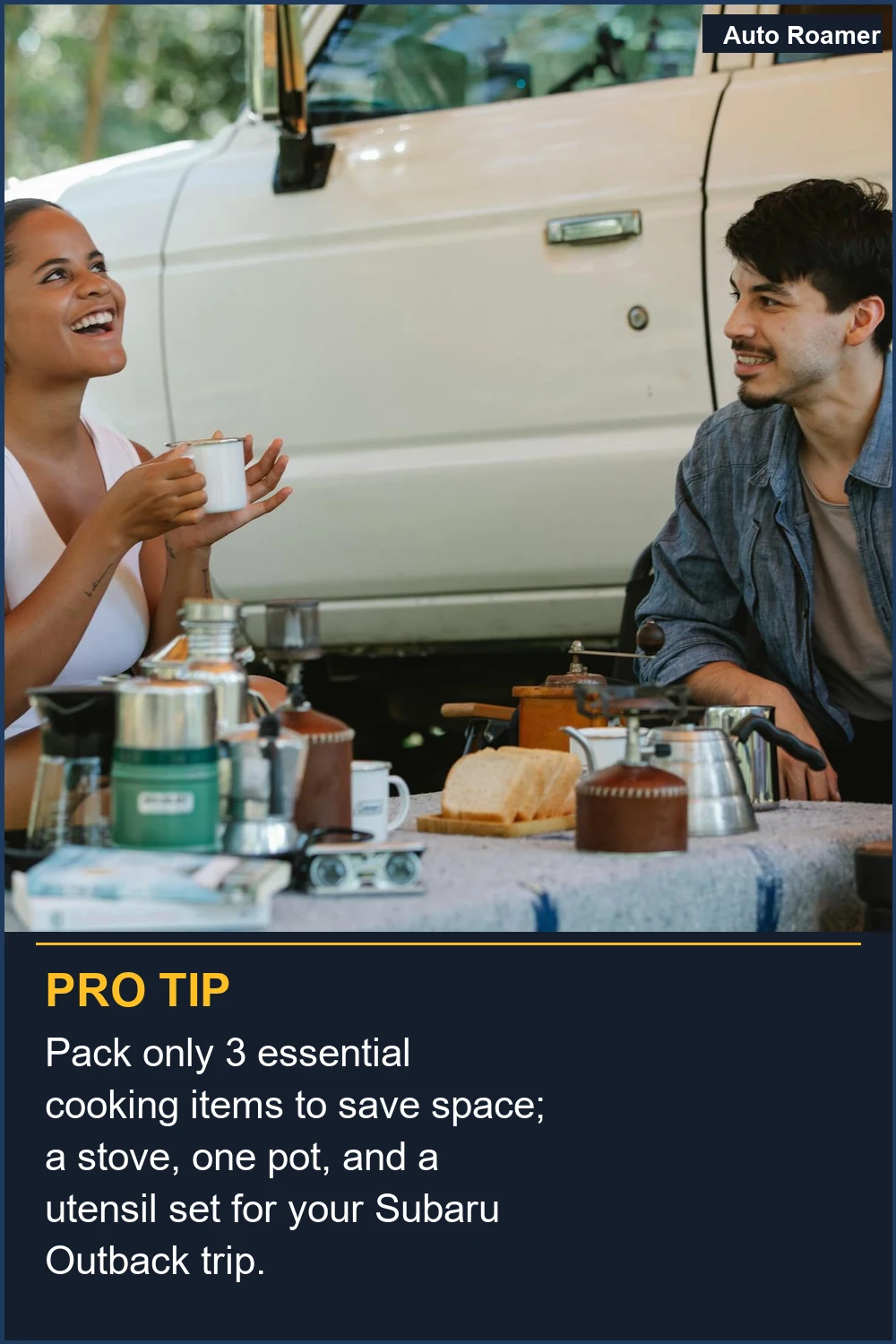 Pack only 3 essential cooking items to save space; a stove, one pot, and a utensil set for your Subaru Outback trip.