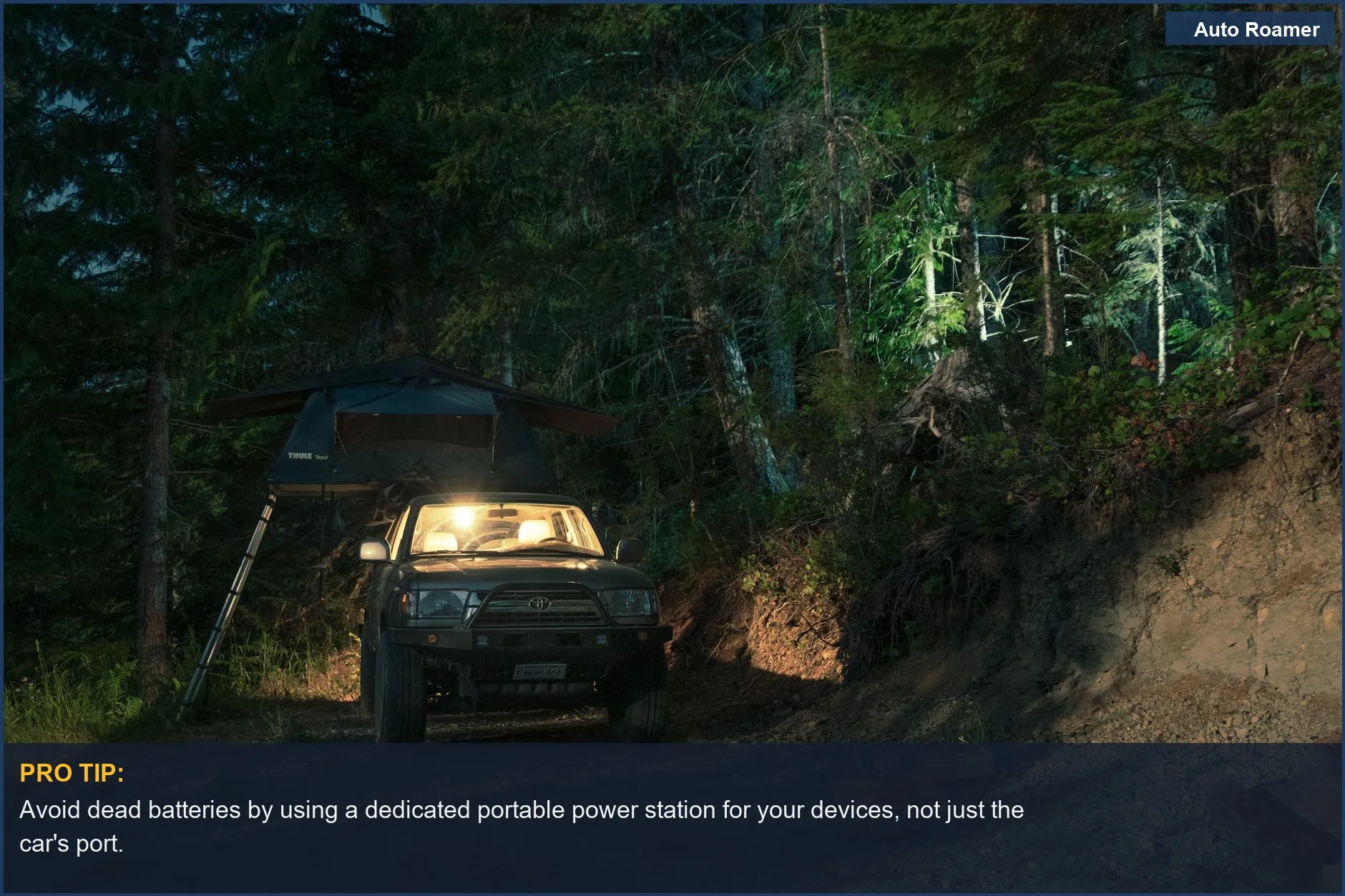 SUV with rooftop tent parked in a dimly lit forest campsite at night, perfect for RAV4 adventures.