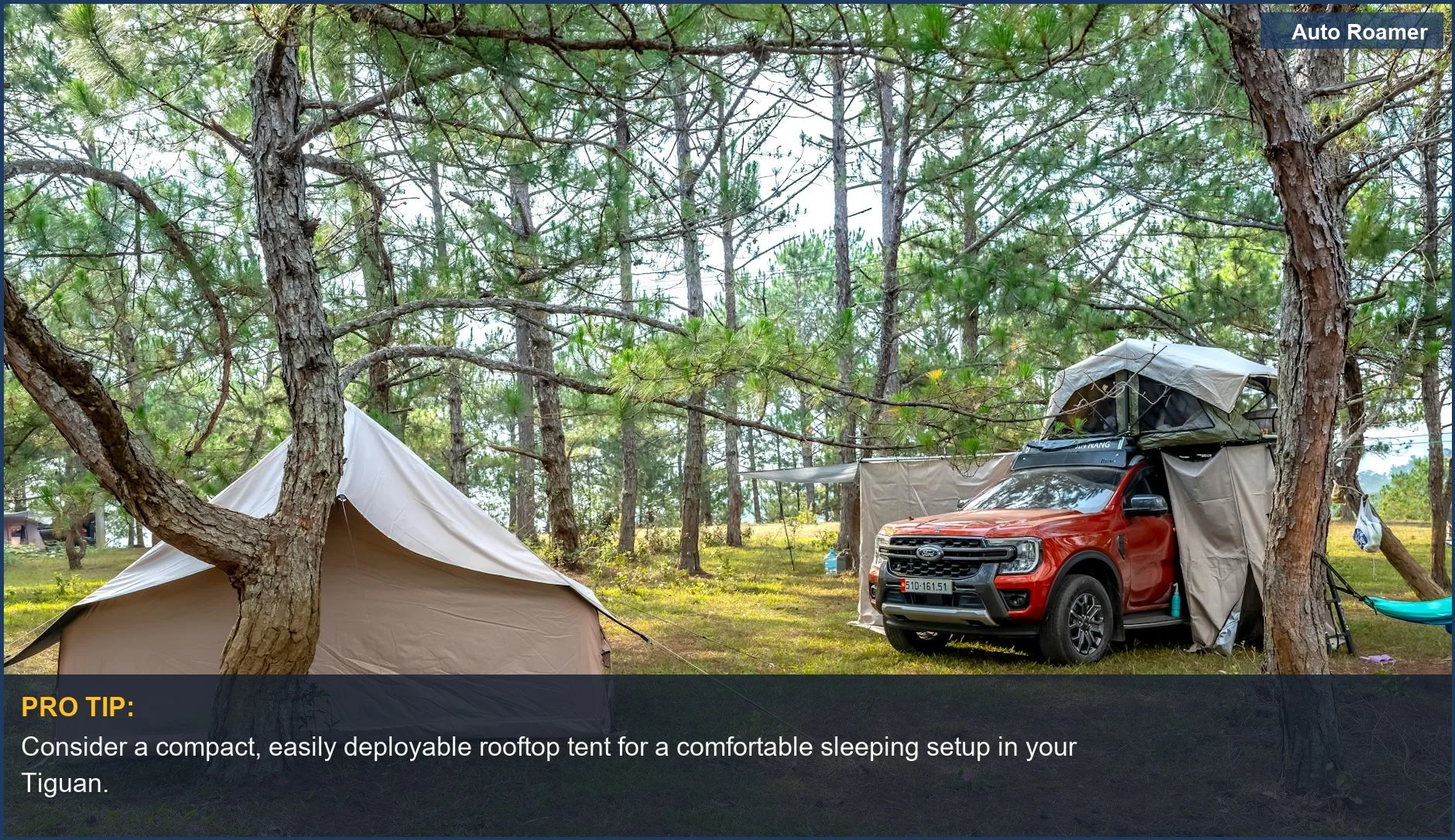 Peaceful forest campsite with a tent and rooftop car tent, perfect for sleeping in a VW Tiguan.