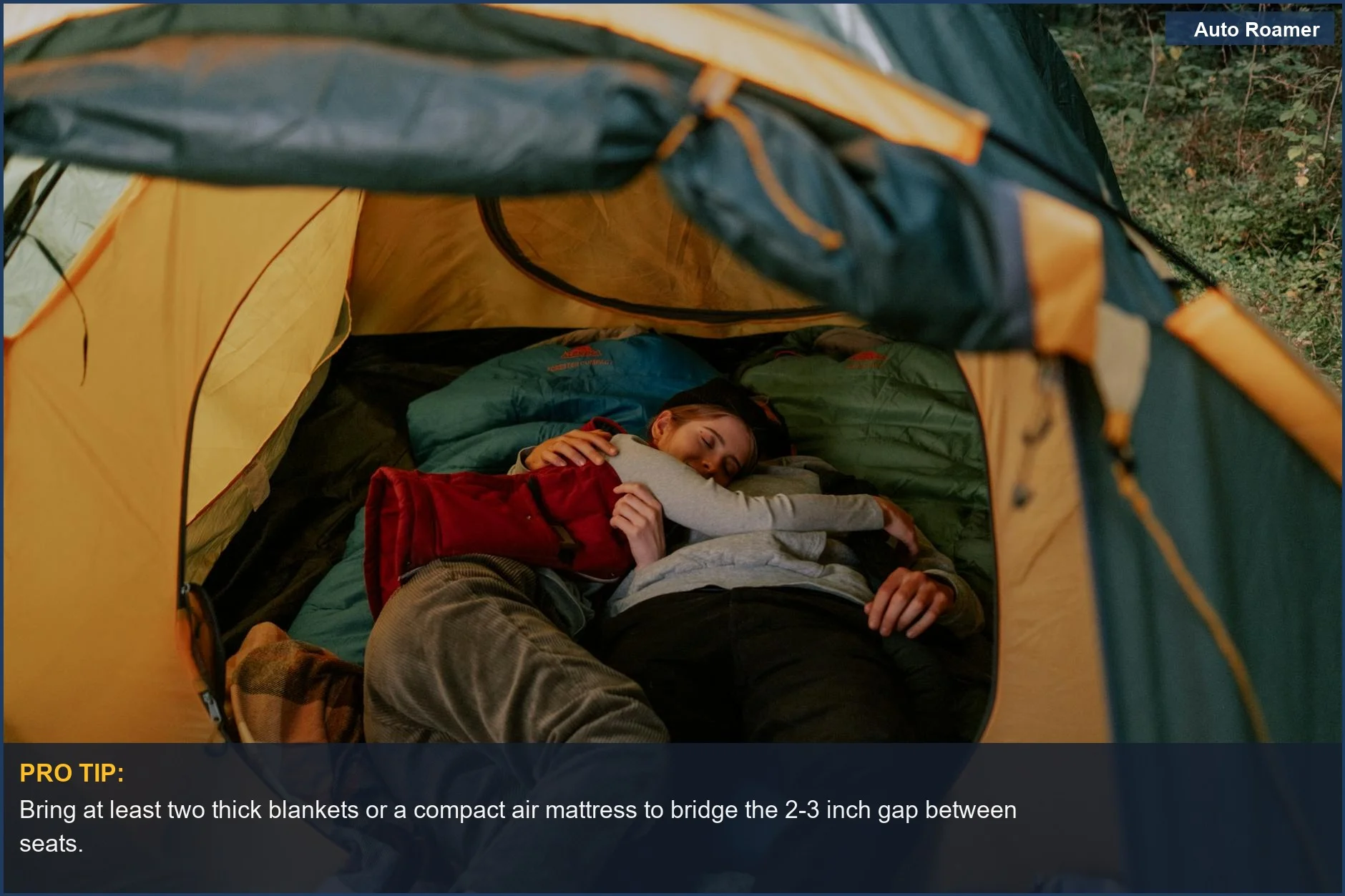 Cozy moment of a couple cuddling inside a tent, reflecting outdoor relaxation and the possibility of sleeping in a Santa Fe.