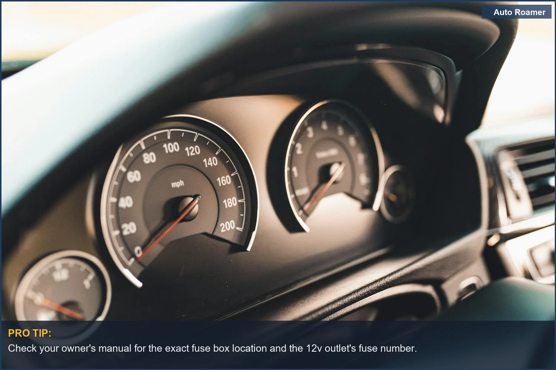 Car dashboard with speedometer gauges, illustrating a common 12v outlet not working scenario.