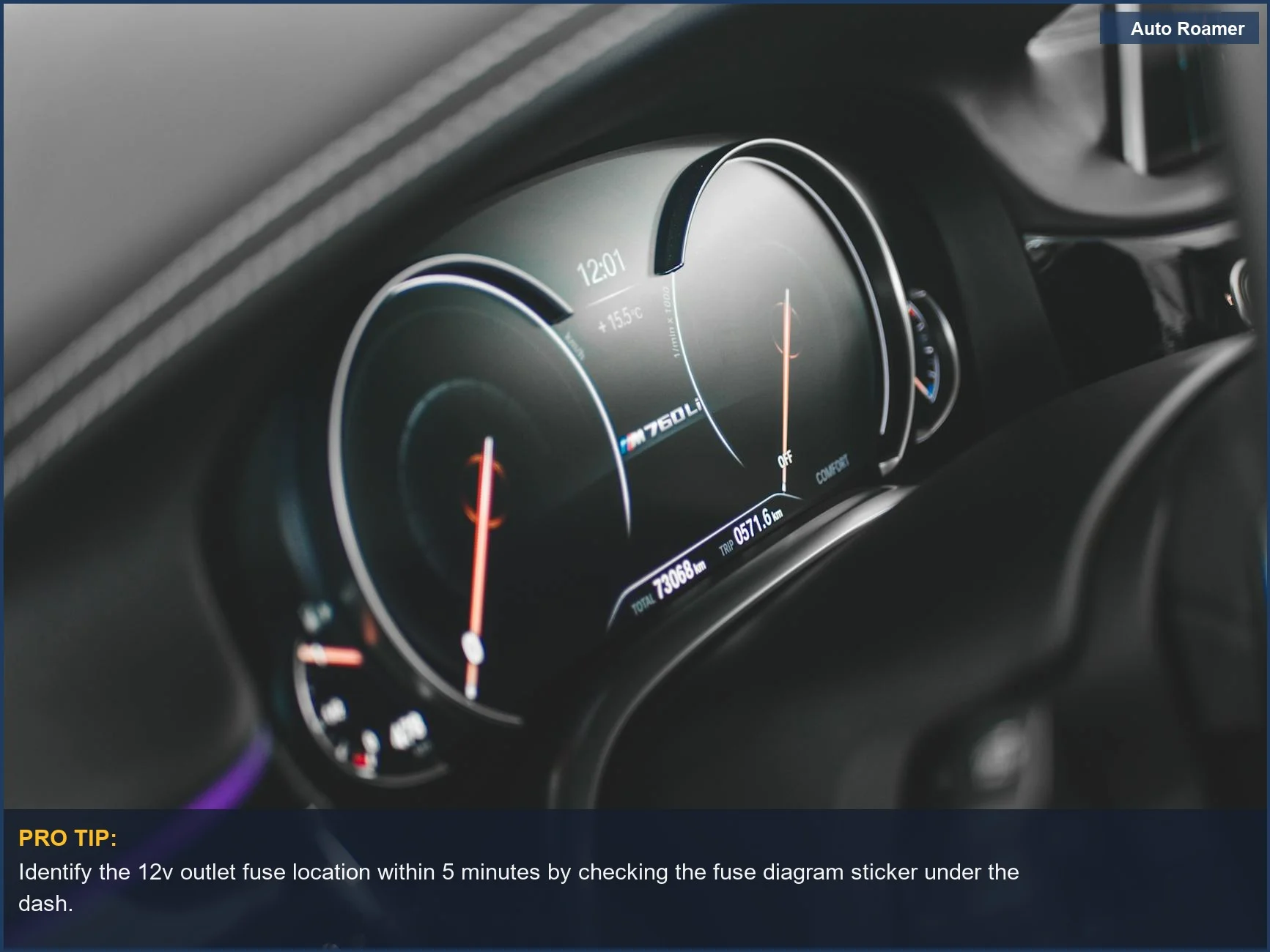 Sleek car dashboard with digital speedometer and tachometer, showing the 12v outlet fuse location.
