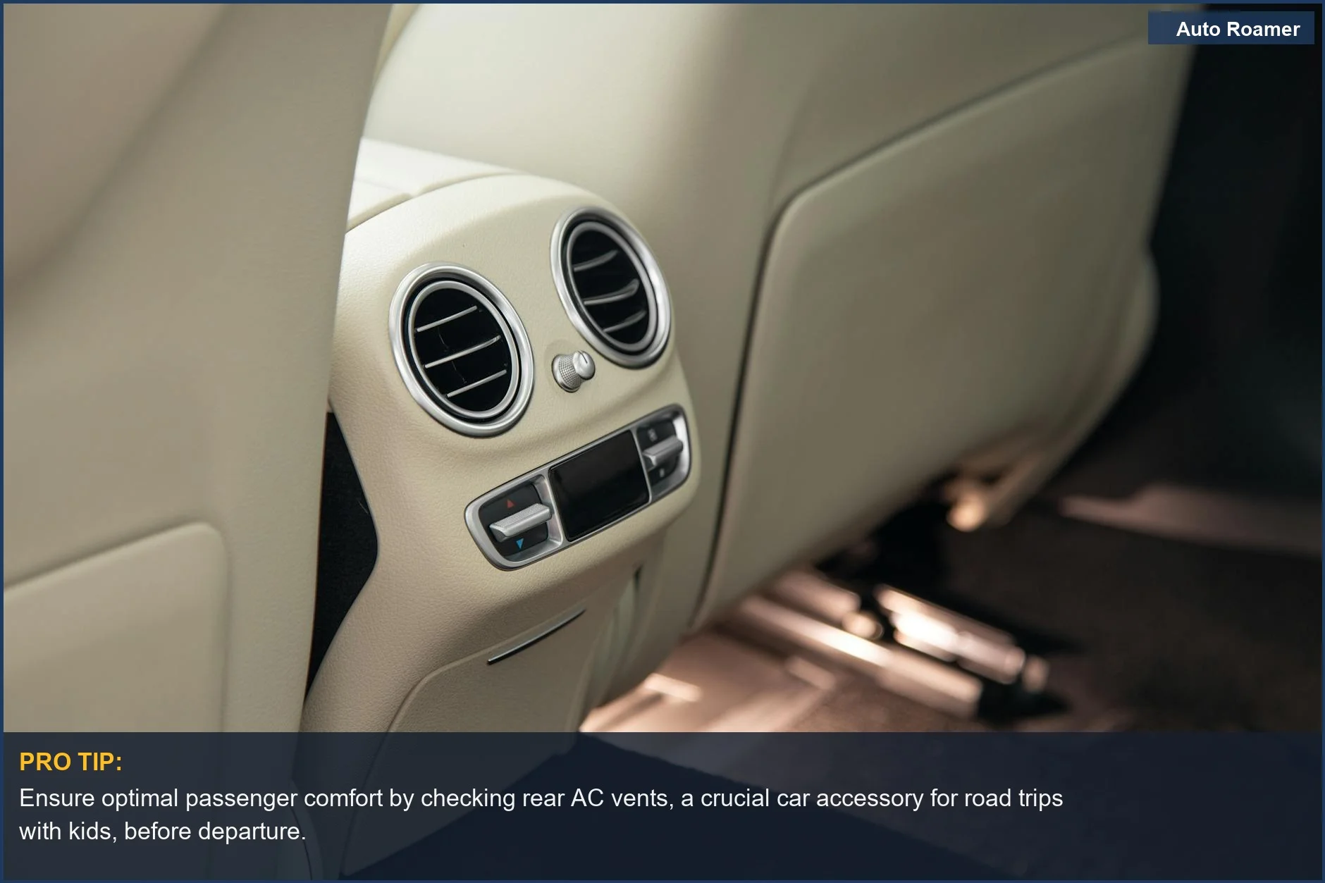Luxury car's rear air conditioning vents, a vital car accessory for comfort on family road trips.