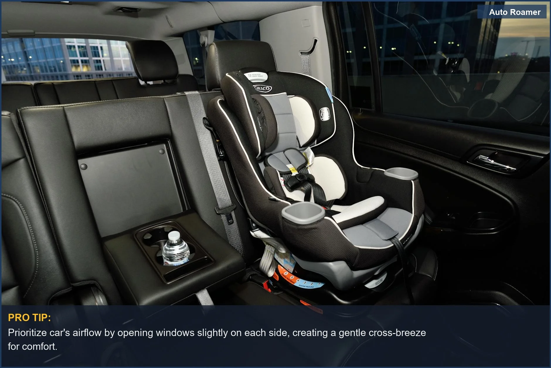 Securely installed safety car seat in a modern vehicle for family travel managing motion sickness.