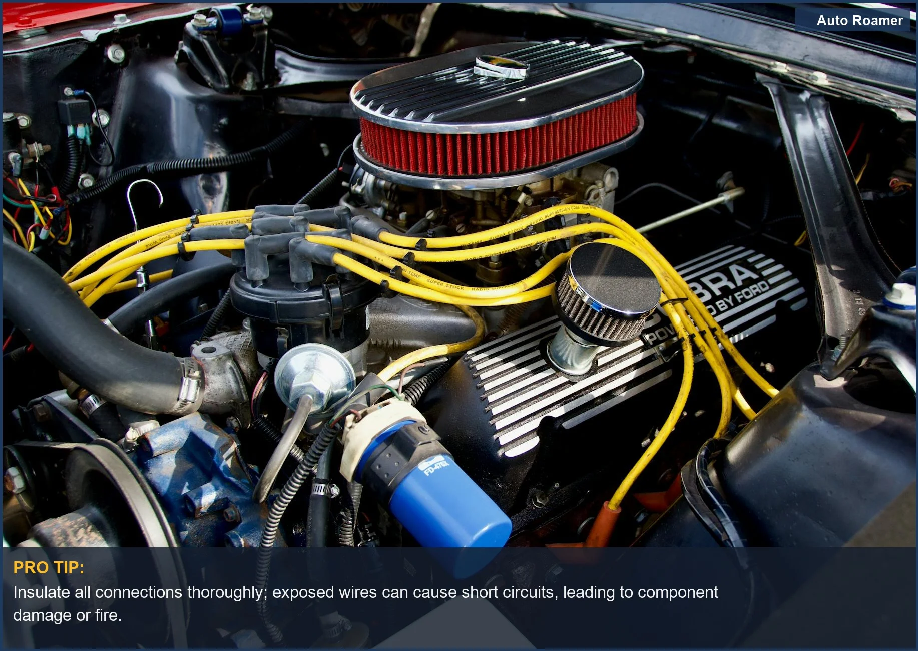 Close-up of vibrant Ford engine wiring, showcasing potential car accessory installation mistakes leading to electrical system failure.