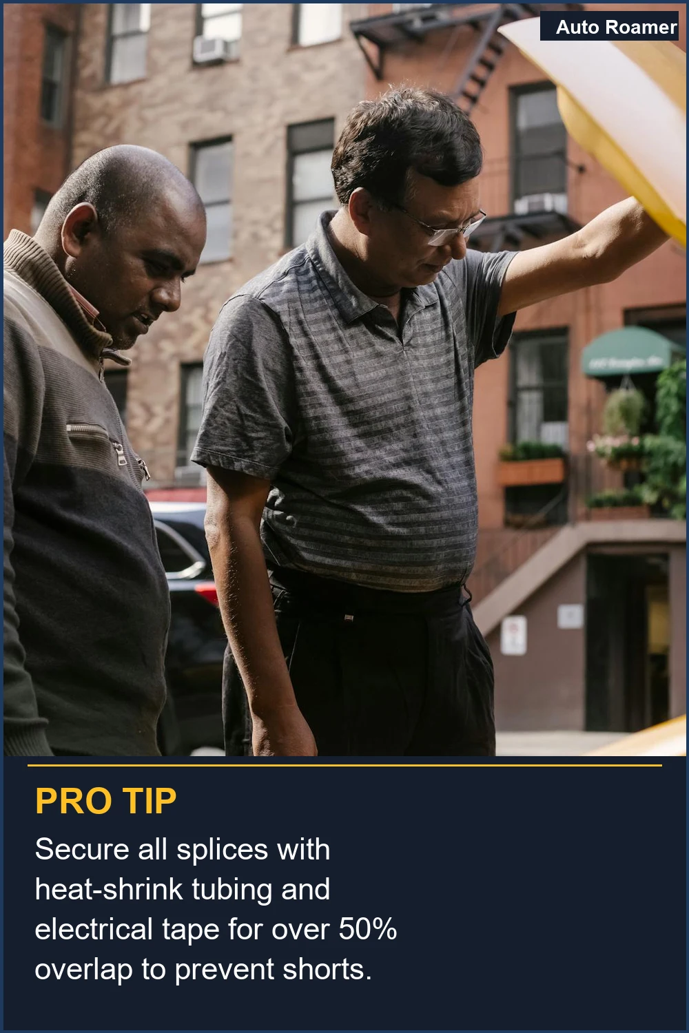 Secure all splices with heat-shrink tubing and electrical tape for over 50% overlap to prevent shorts.