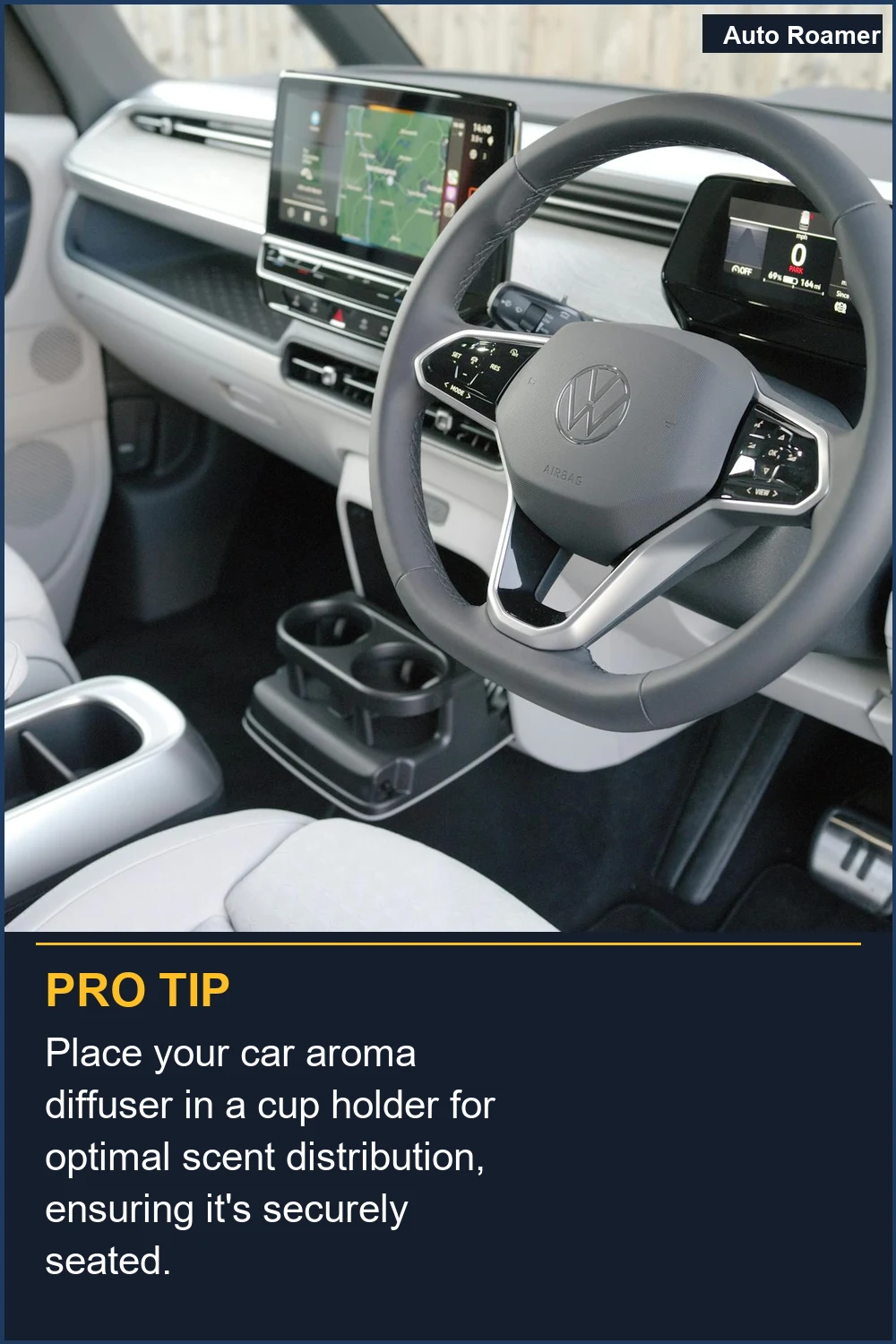 Place your car aroma diffuser in a cup holder for optimal scent distribution, ensuring it's securely seated.