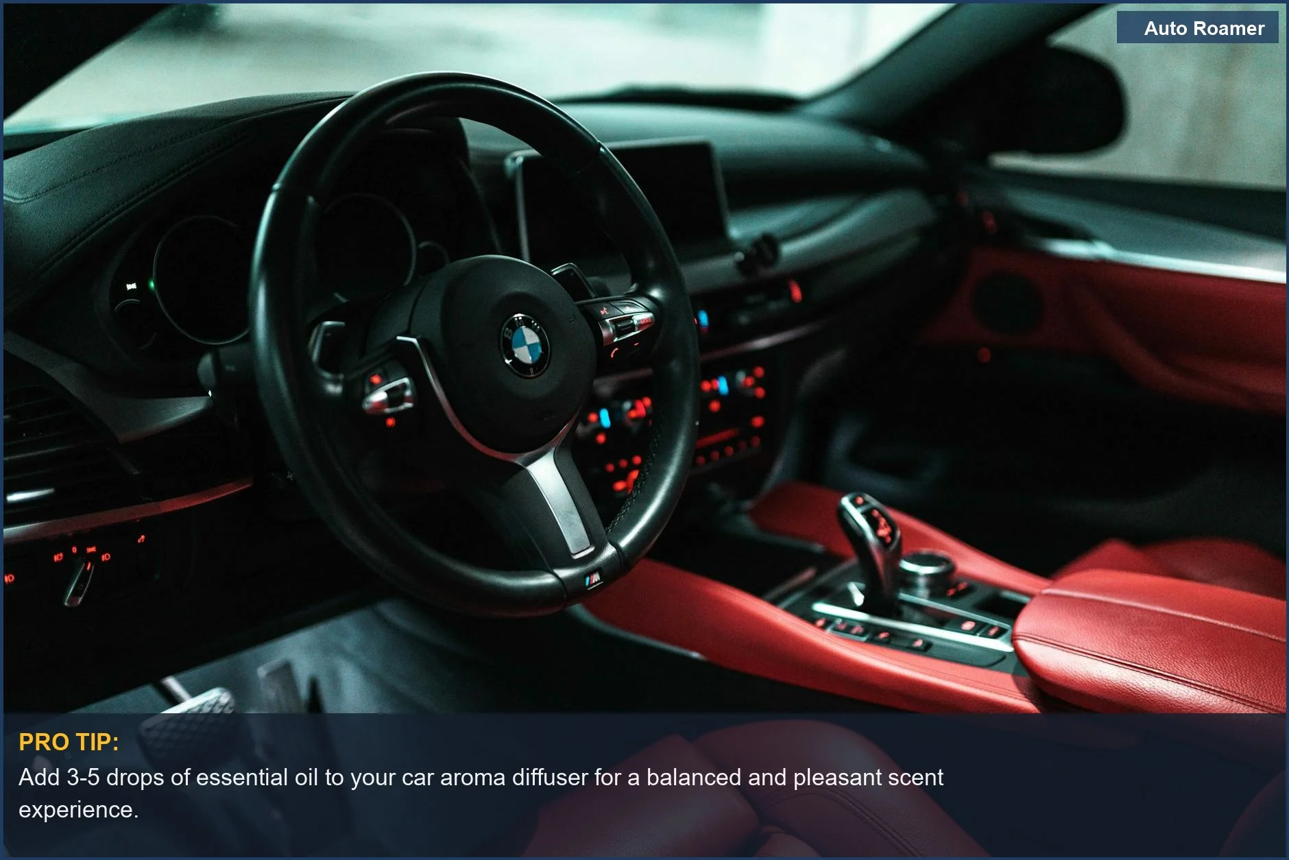 Red leather car seats and modern dashboard highlight a stylish setting for a car scent diffuser.