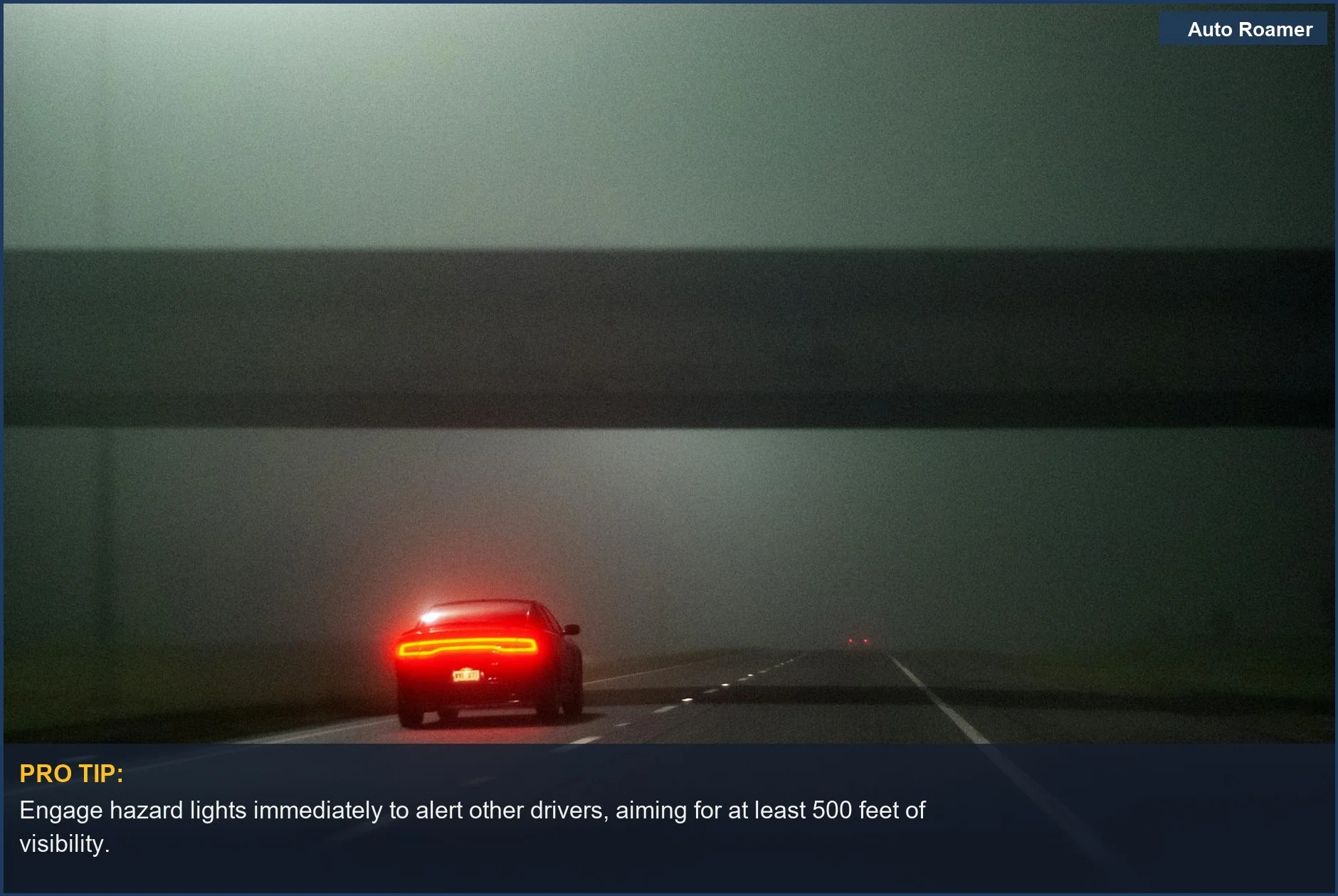 Car broken down on a foggy highway at night, highlighting the dangers of highway breakdowns after dark.