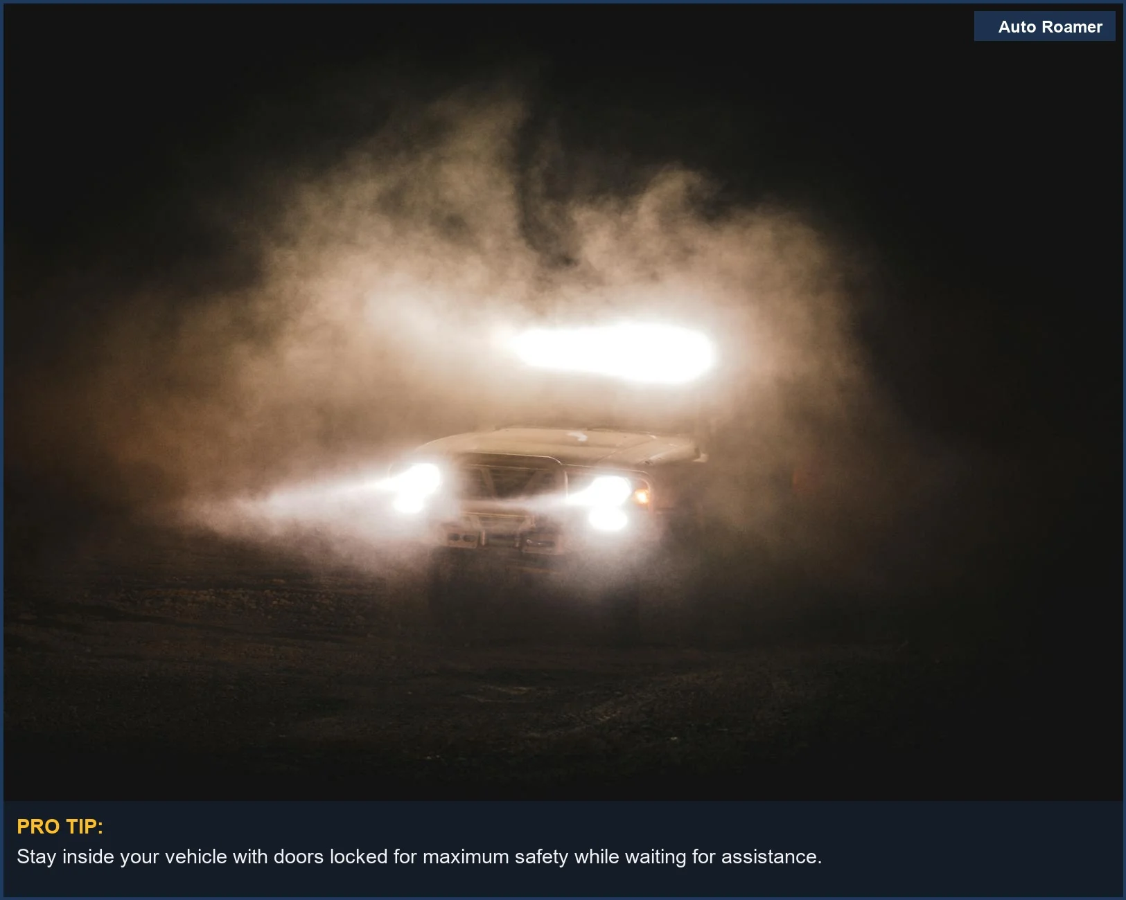 Bright headlights cut through dense night fog, illustrating the eerie conditions of a highway breakdown at night.