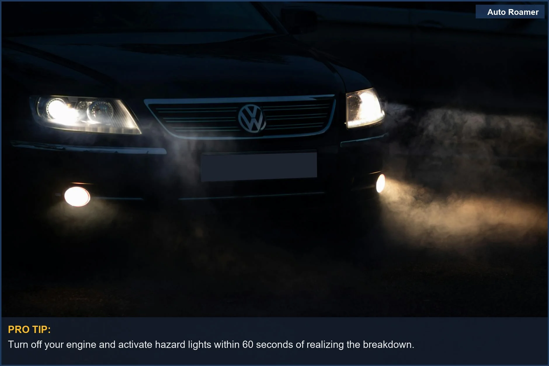 Close-up of car headlights piercing night fog, a visual reminder of visibility issues during highway breakdowns.