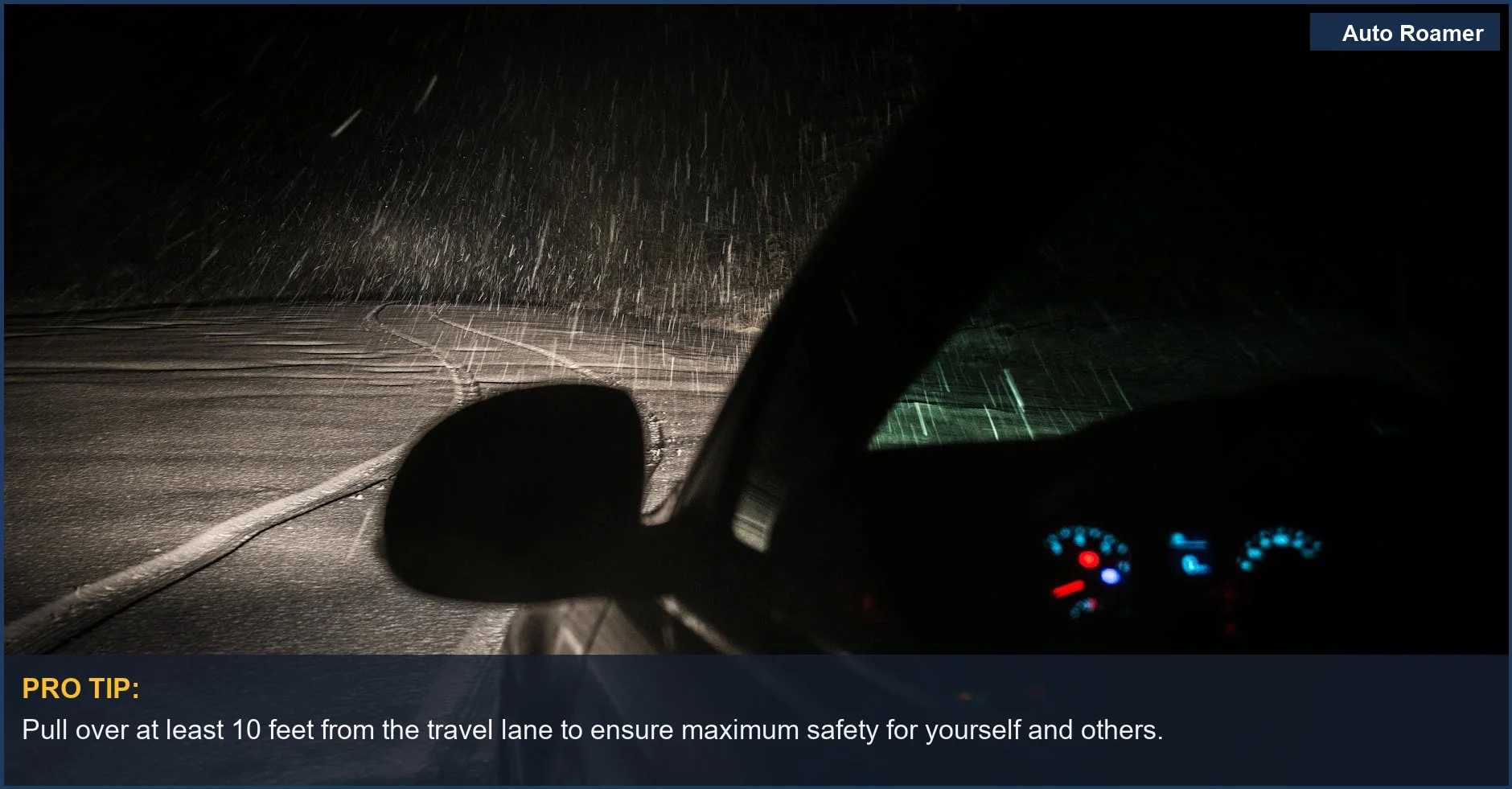 Car driving through a snowstorm at night, showing the challenges of highway breakdowns in adverse weather.