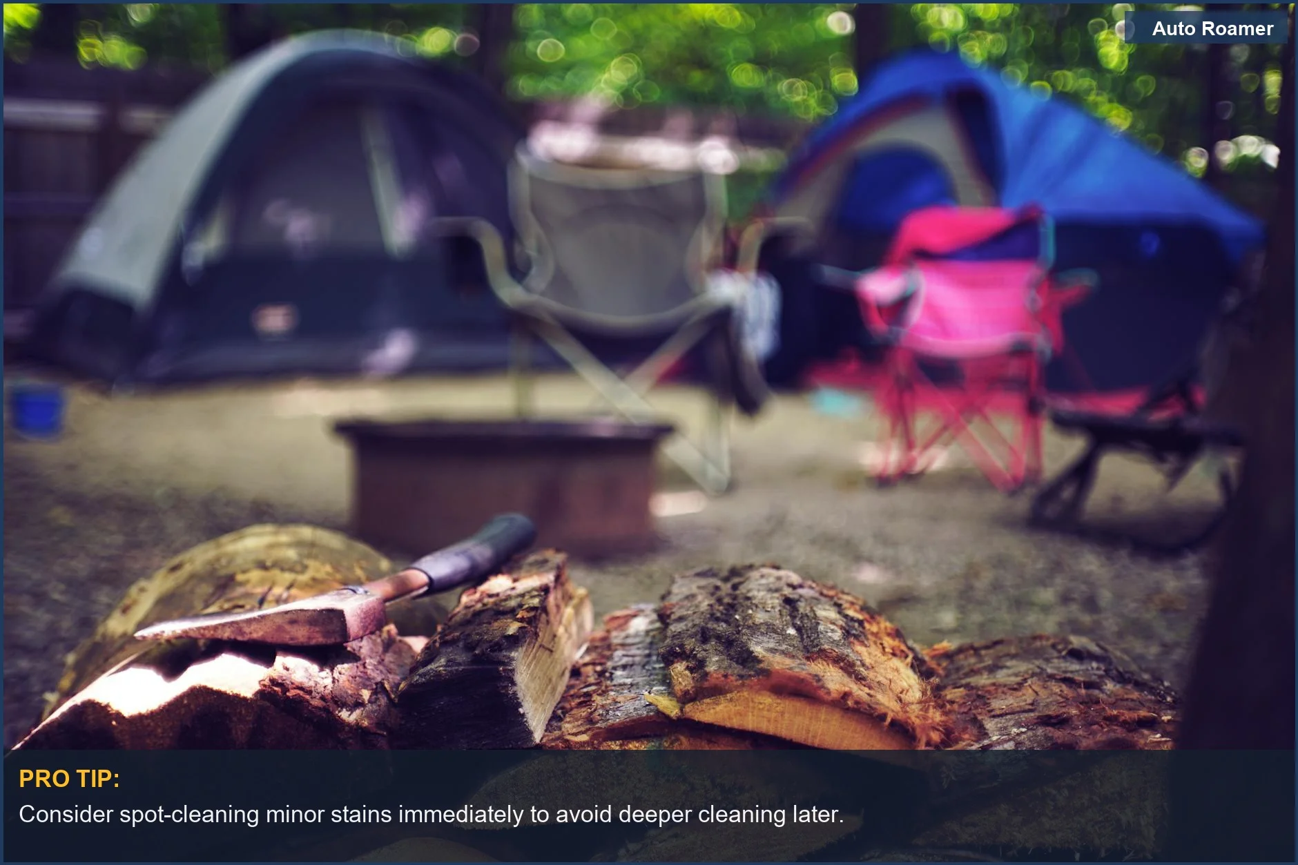 Serene summer campsite with tents, chairs, and firewood, emphasizing camping gear maintenance for blankets.