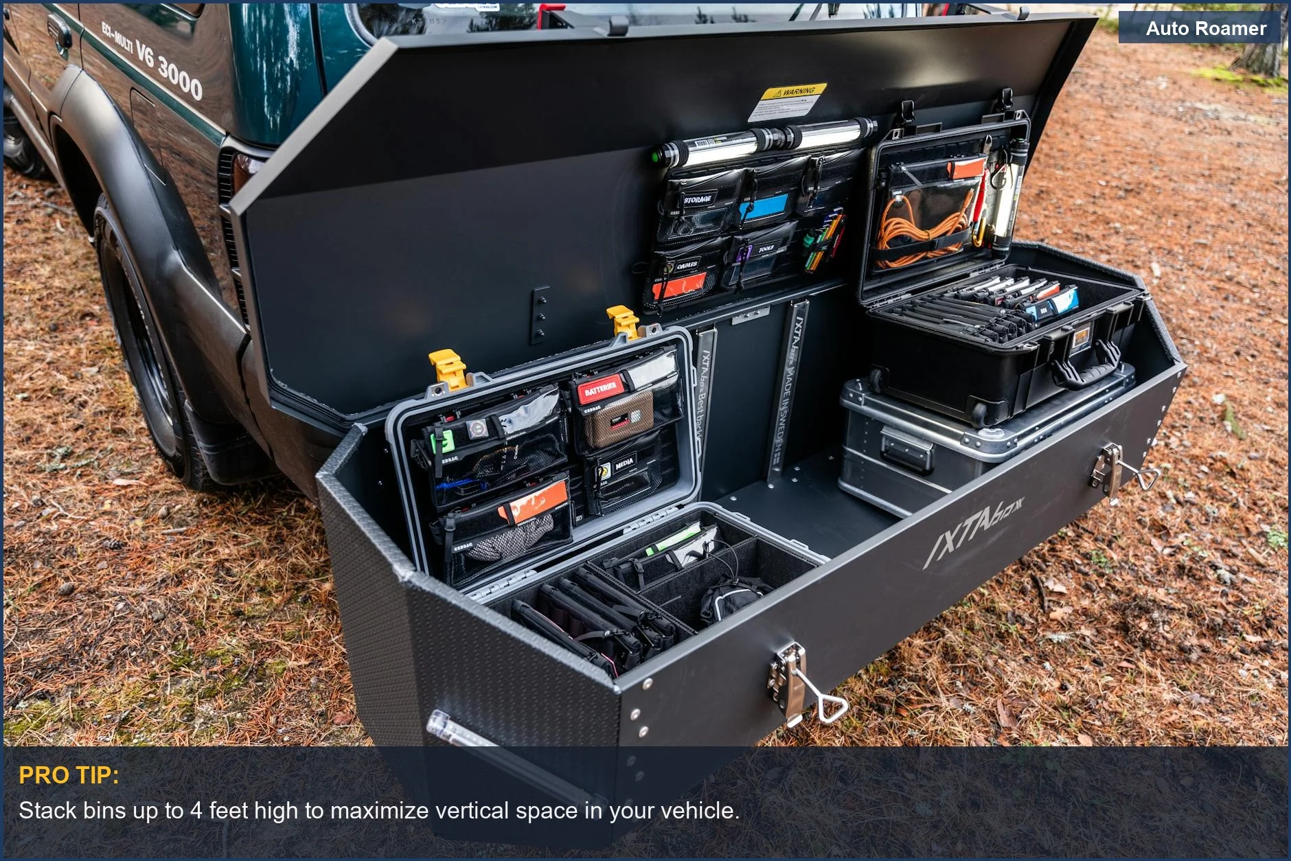Vehicle trunk neatly organized with storage bins, showcasing camping gear accessibility.