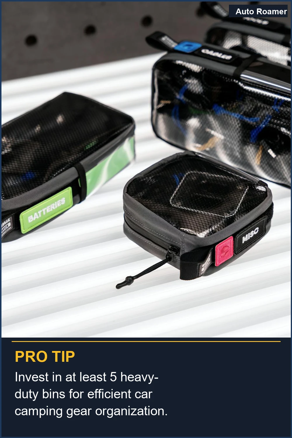 Invest in at least 5 heavy-duty bins for efficient car camping gear organization.