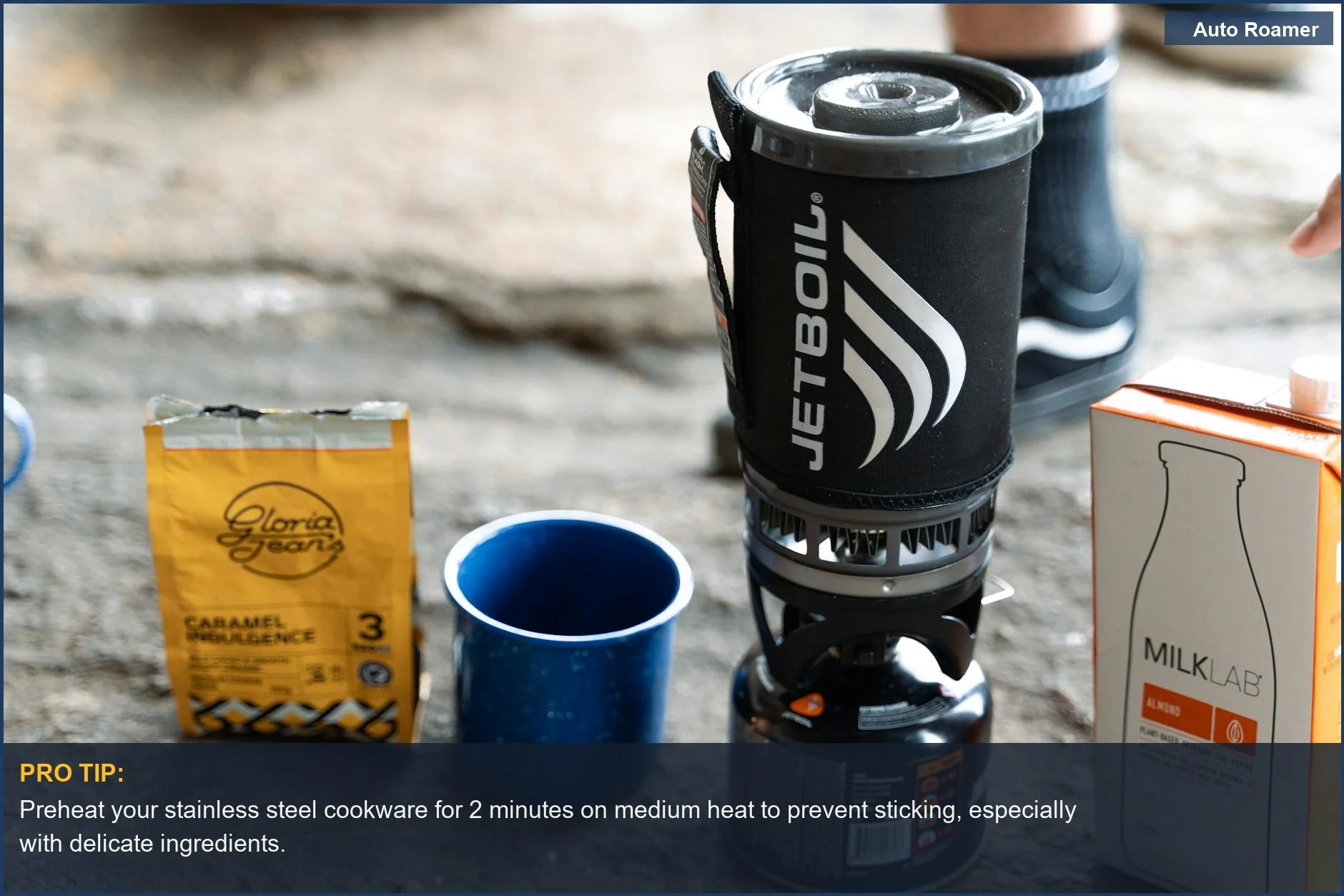 Car camping coffee setup with stainless steel camp stove and milk, perfect for outdoor cooking.