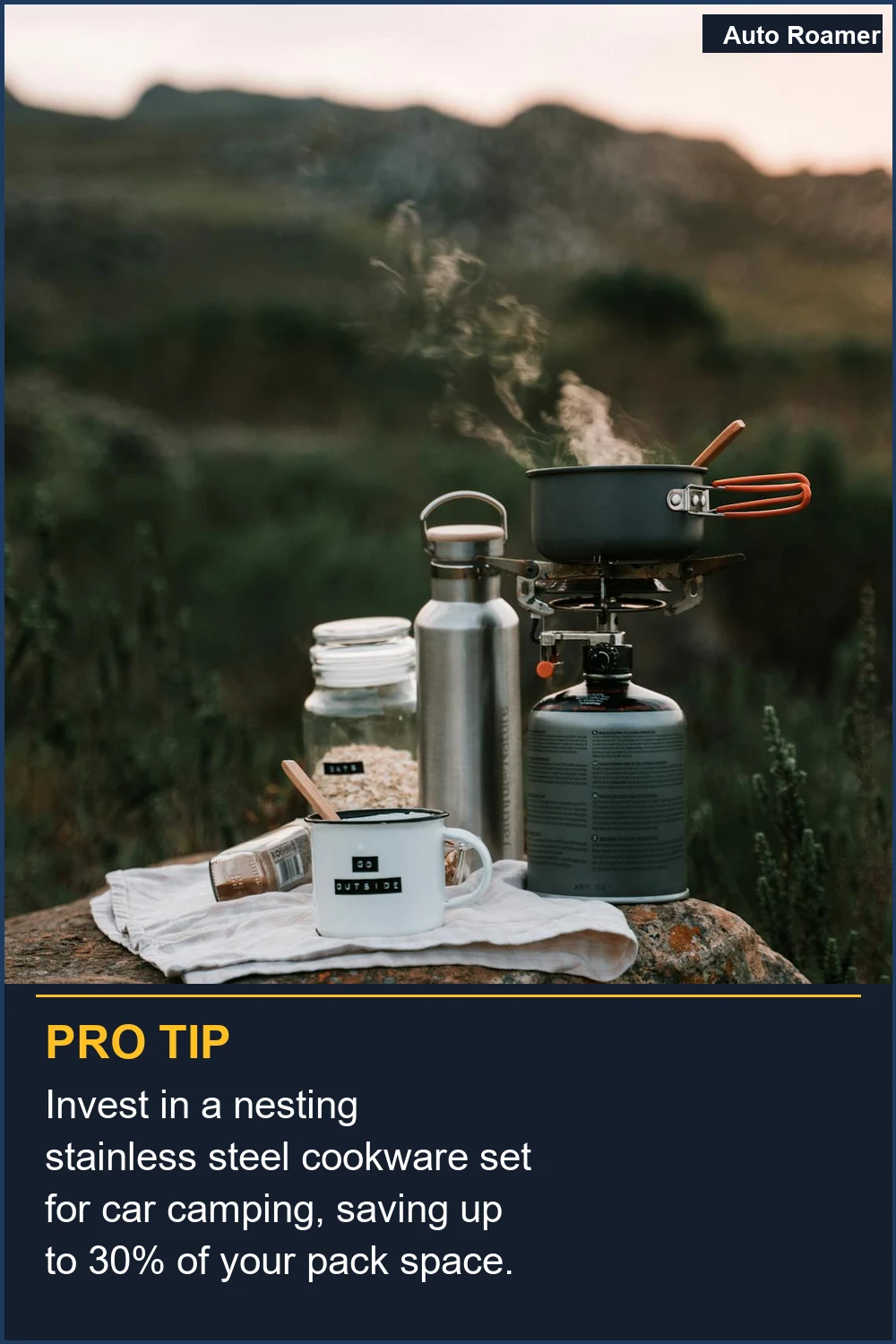 Invest in a nesting stainless steel cookware set for car camping, saving up to 30% of your pack space.
