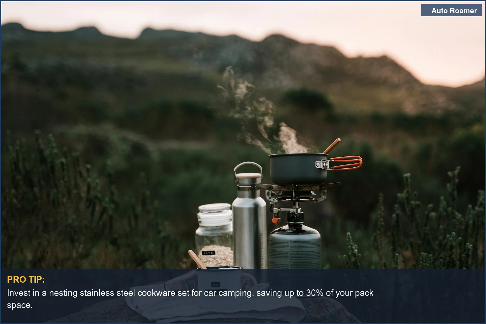 Outdoor camping cooking setup featuring a stainless steel pot and mug on a rock in nature.