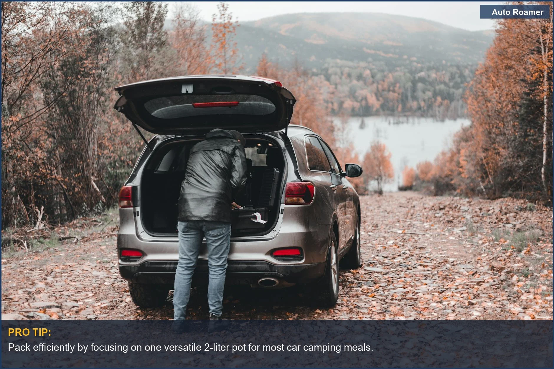 Car camping gear being unloaded from an SUV in autumn, showcasing essentials for car camping cookware size.