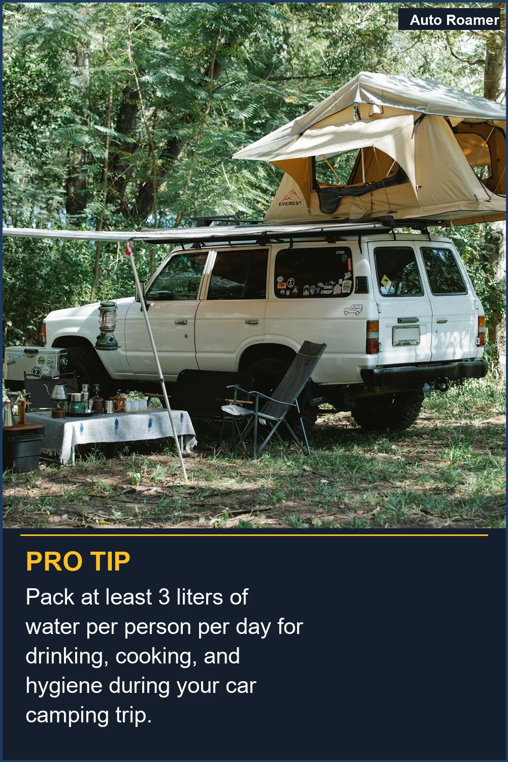 Pack at least 3 liters of water per person per day for drinking, cooking, and hygiene during your car camping trip.