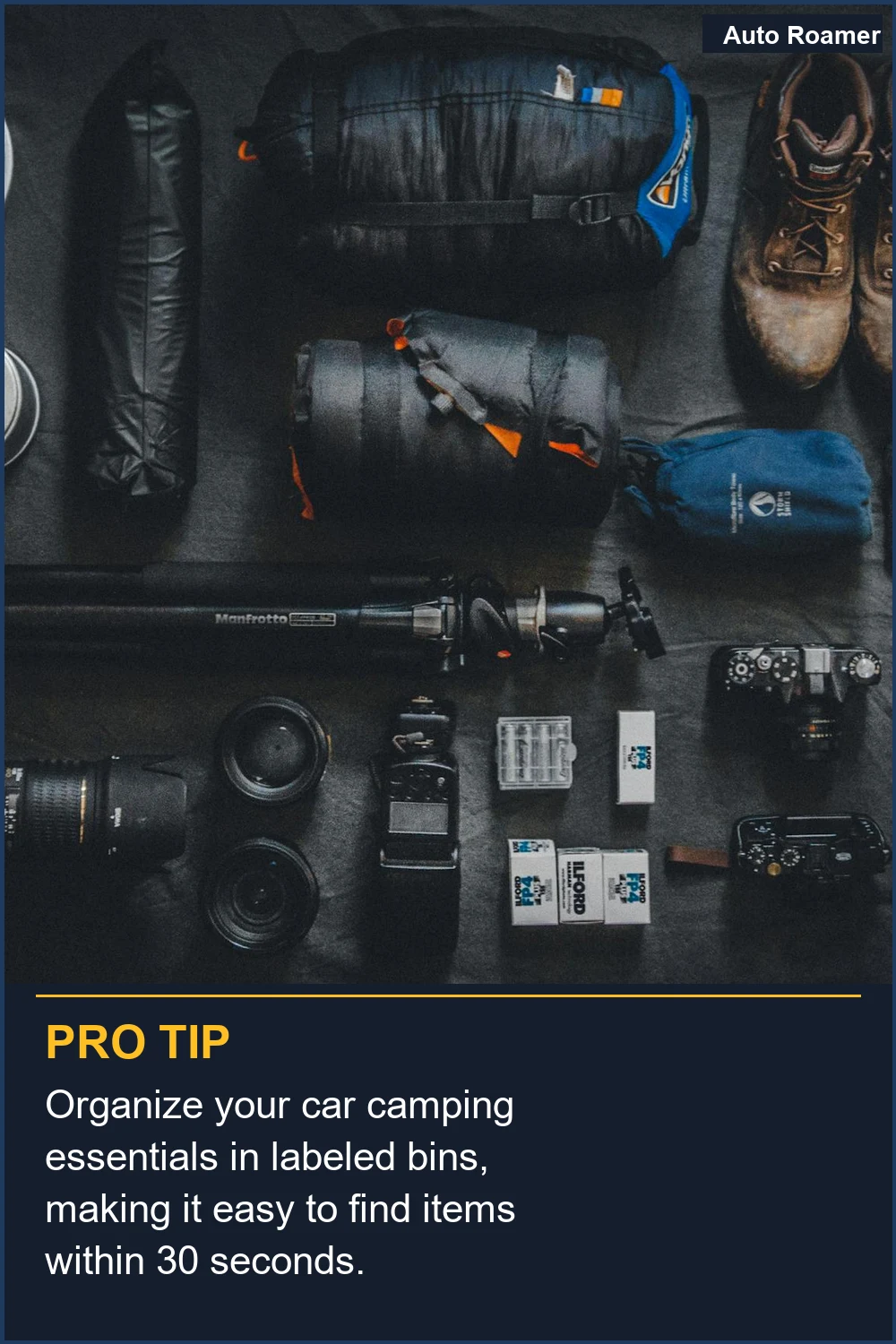 Organize your car camping essentials in labeled bins, making it easy to find items within 30 seconds.