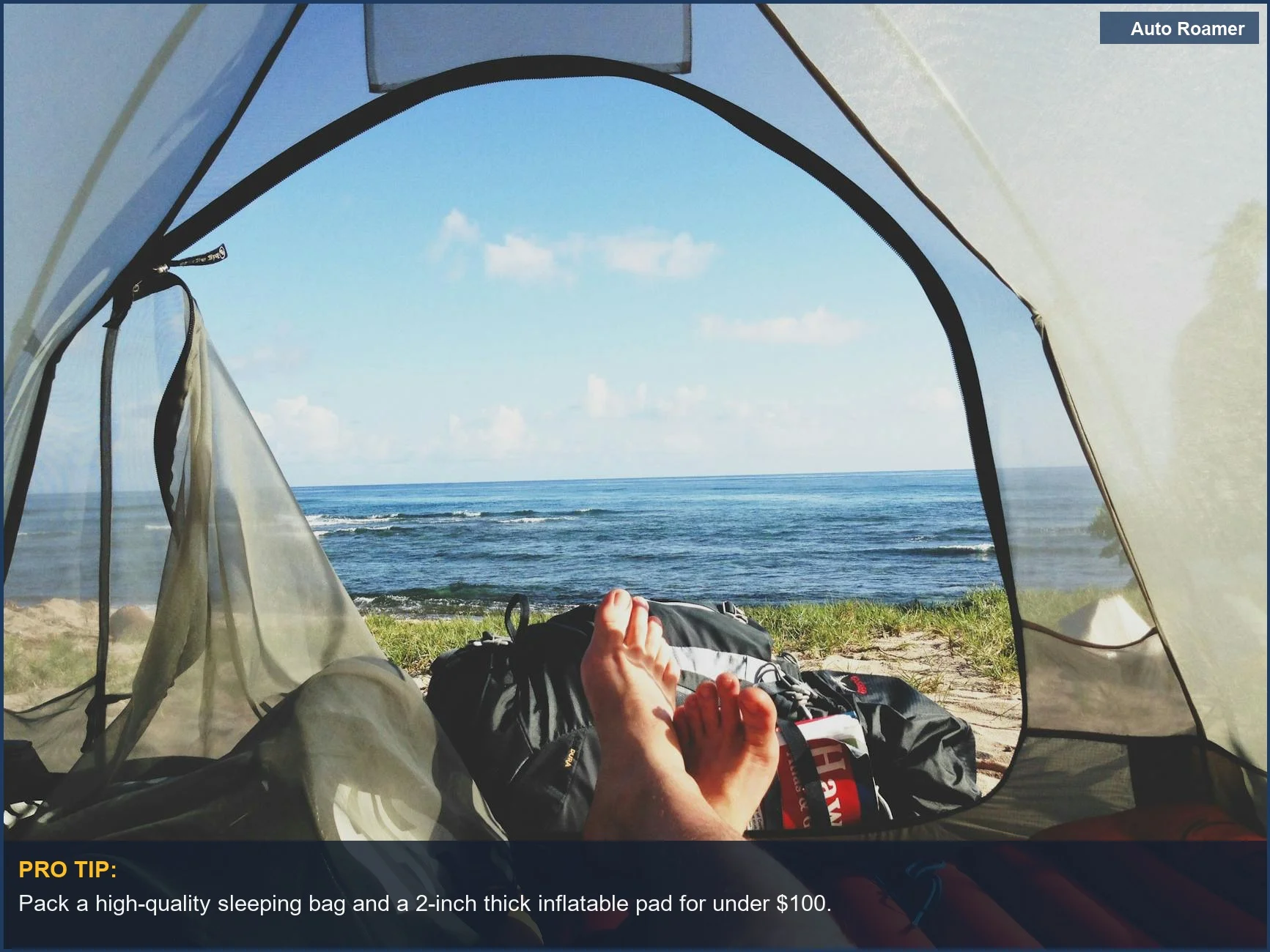 Serene ocean view camping from inside a tent, a budget-friendly escape.