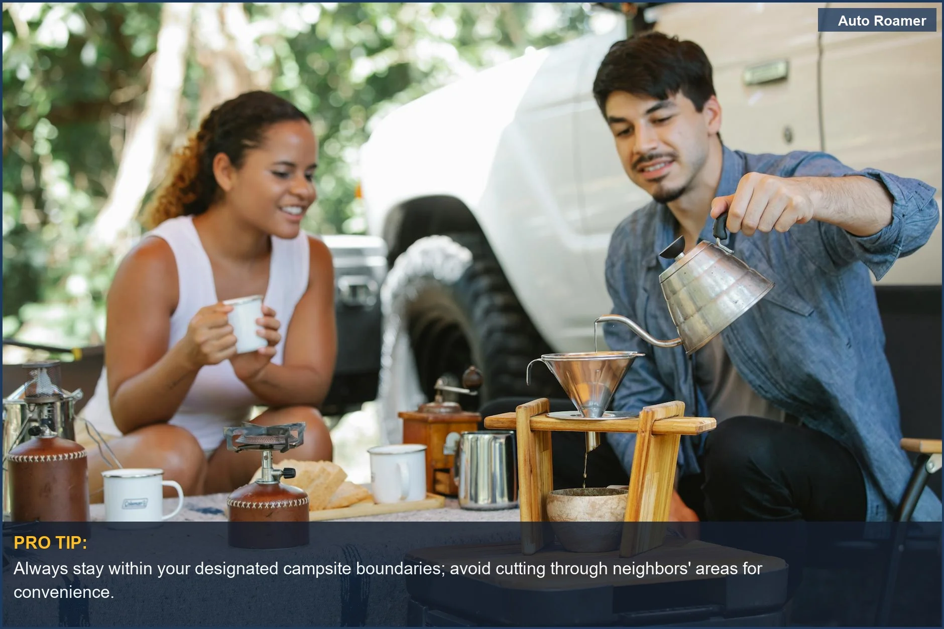 Young couple making pour-over coffee during a sunny nature break, practicing campsite courtesy.