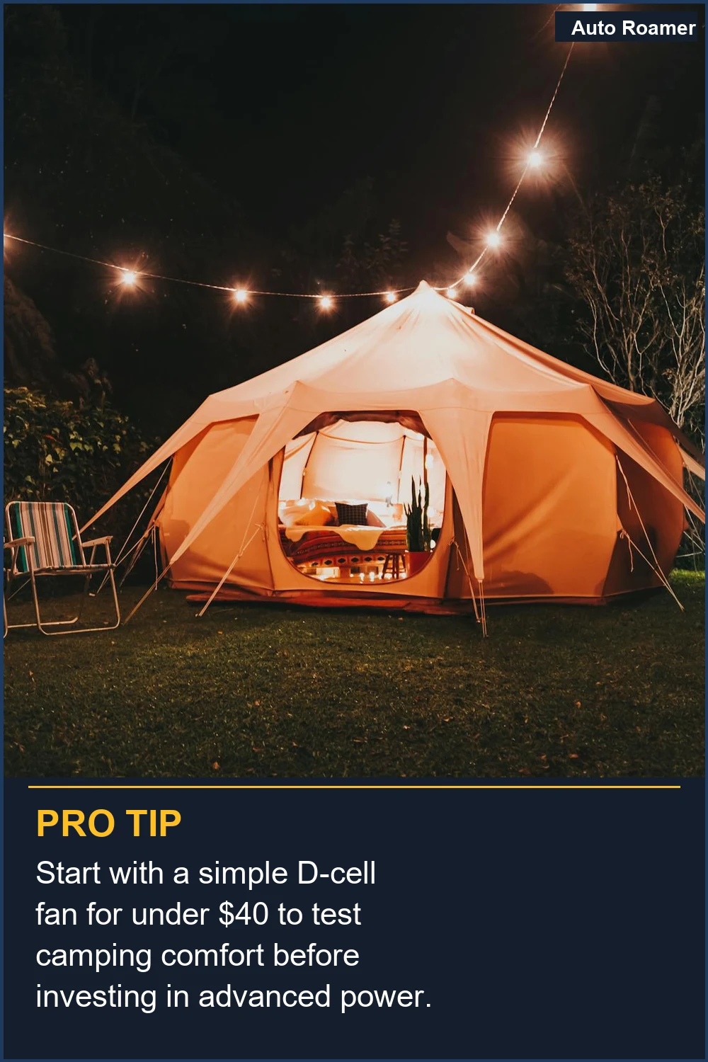 Start with a simple D-cell fan for under $40 to test camping comfort before investing in advanced power.