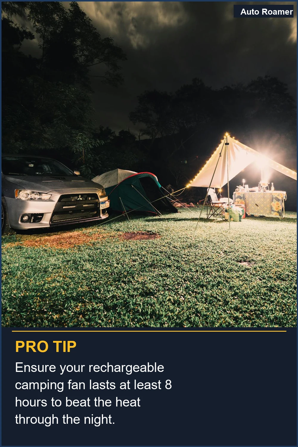 Ensure your rechargeable camping fan lasts at least 8 hours to beat the heat through the night.