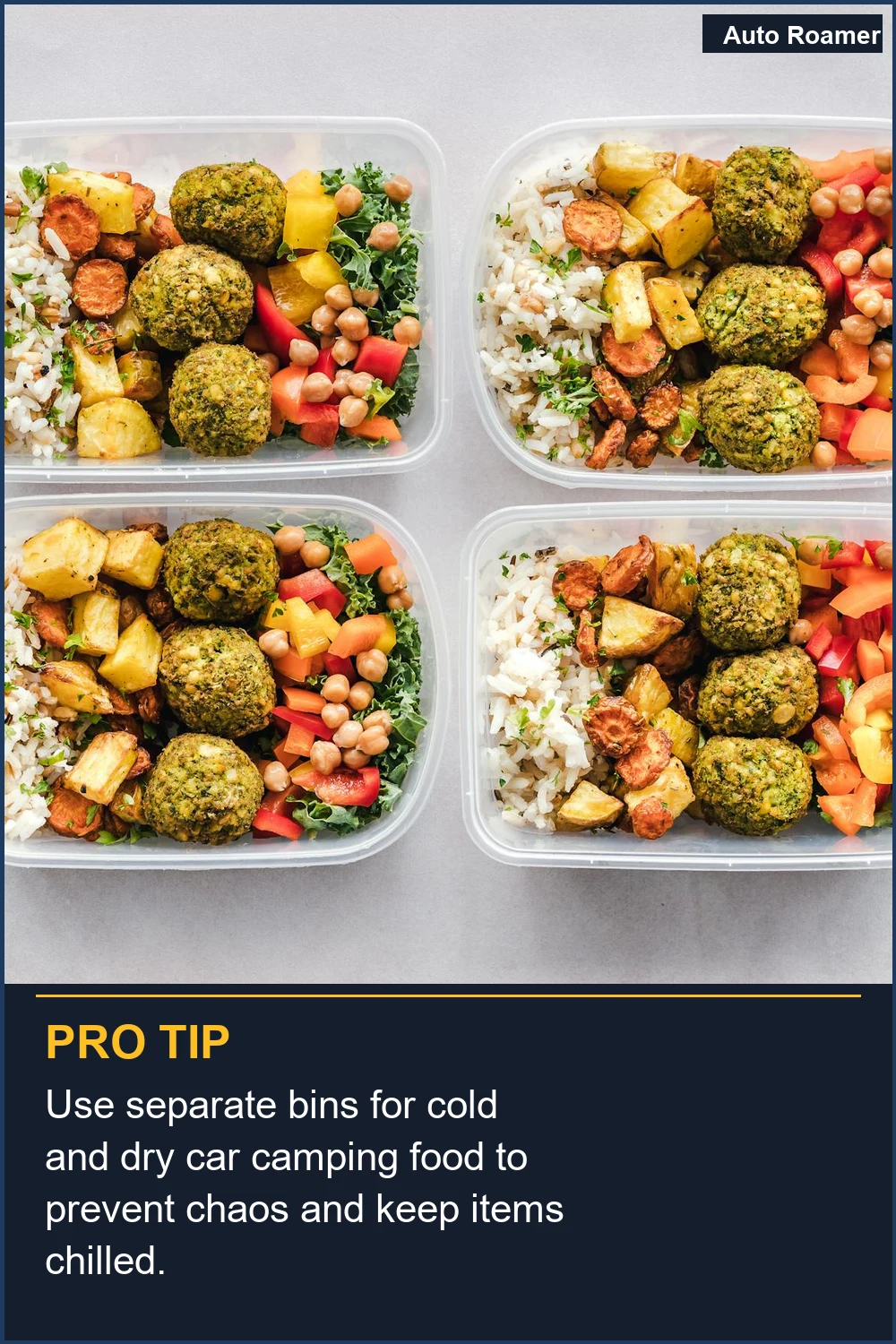 Use separate bins for cold and dry car camping food to prevent chaos and keep items chilled.