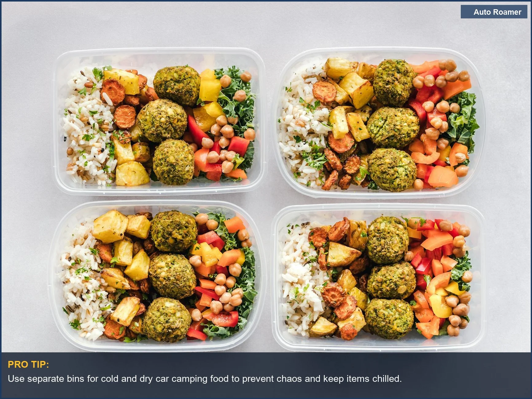 Colorful meal prep containers with falafel and vegetables, perfect for car camping food organization.
