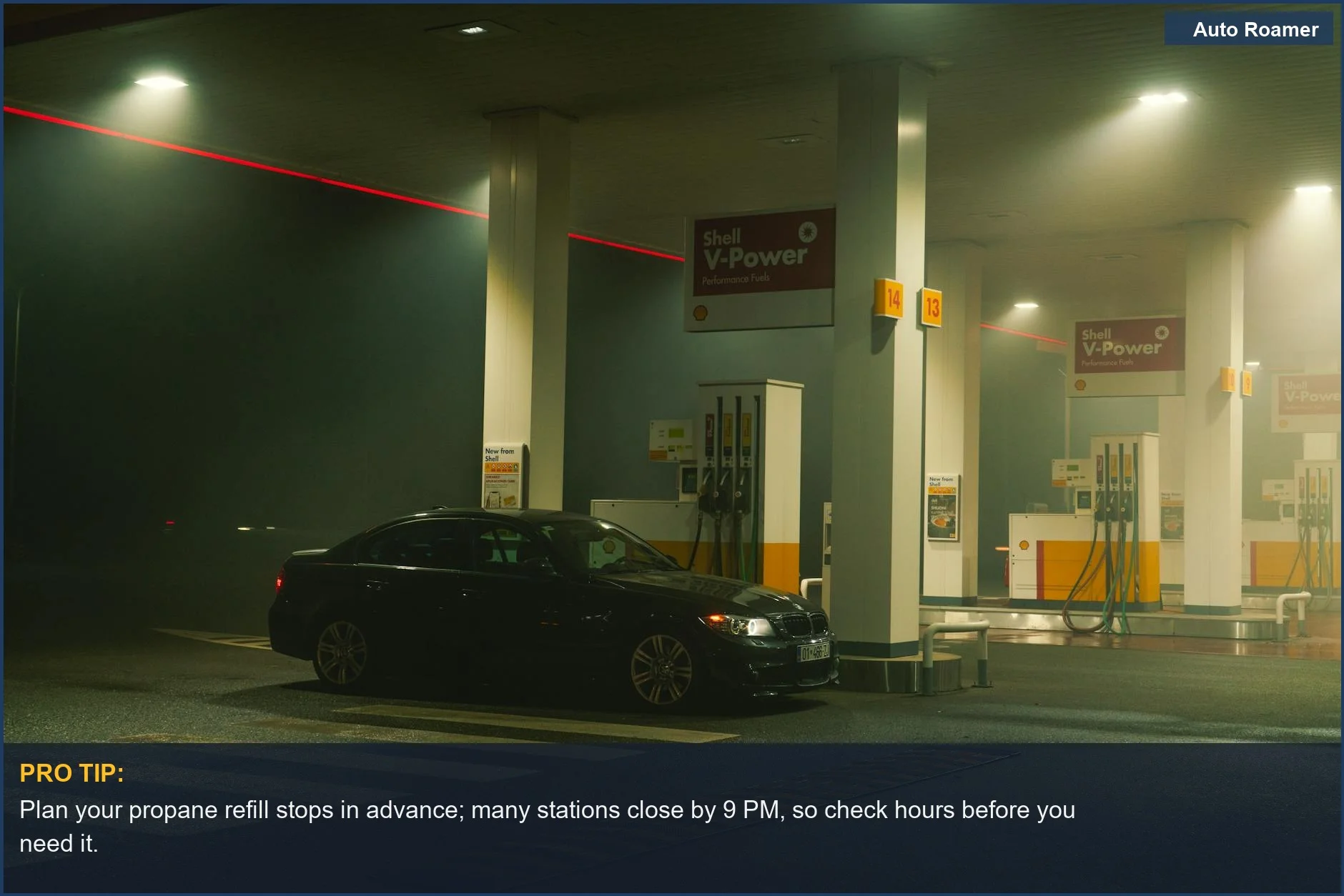 BMW sports car at a Shell gas station at night, relevant to generator fuel types.