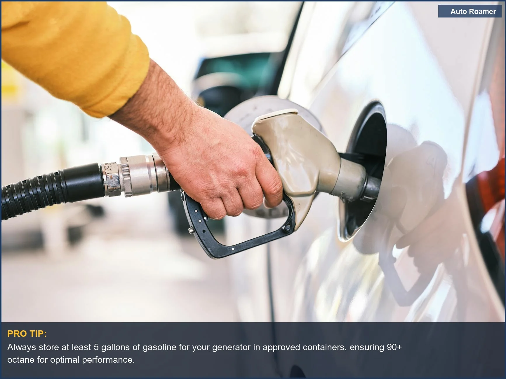 Person refueling a car with a gas nozzle, illustrating common camping generator fuel types.