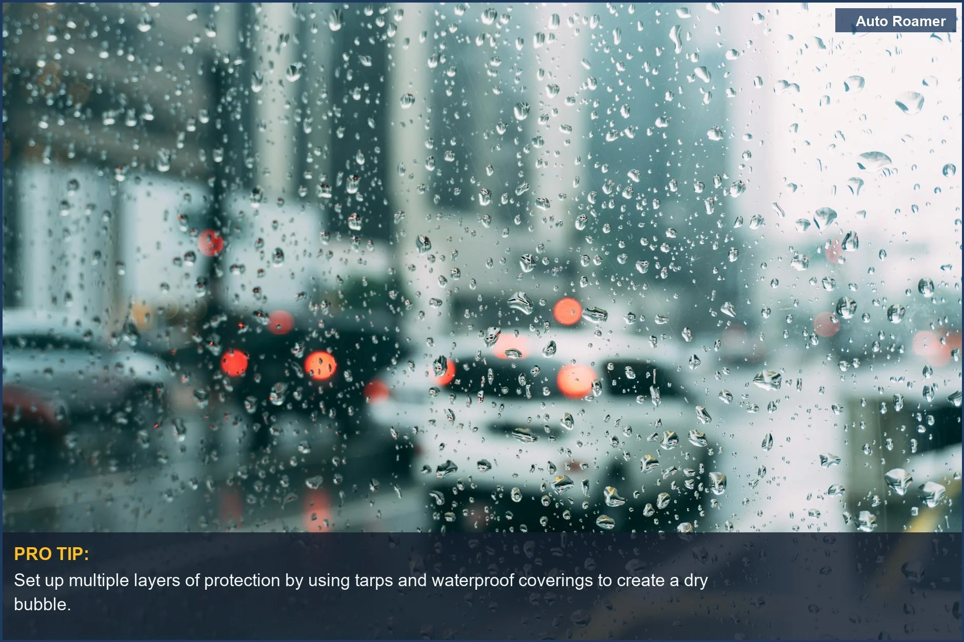 Rainy car camping road trip view through a car window, with blurred city lights and raindrops creating atmosphere.