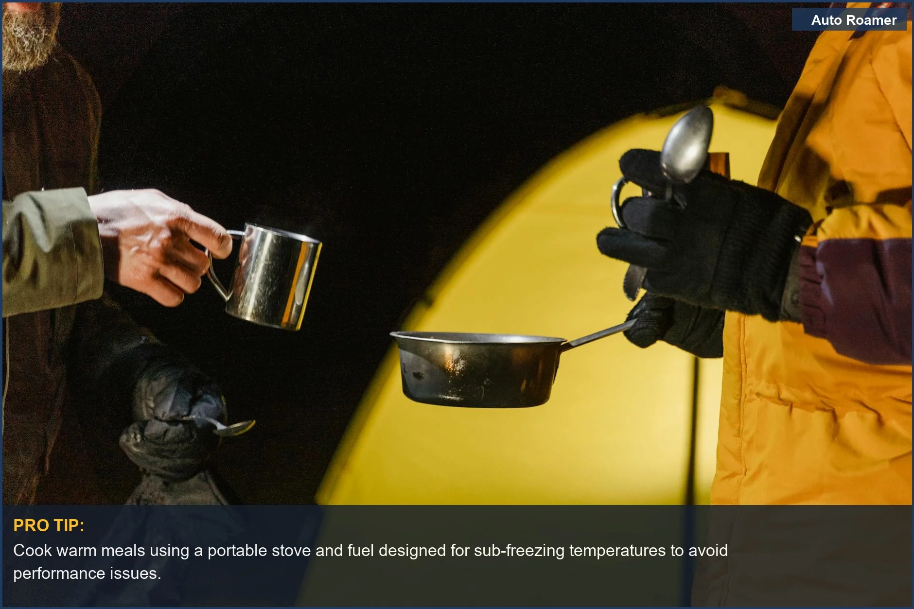Campers prepare a warm winter meal beside a tent, showcasing essential car camping in winter cooking setups.