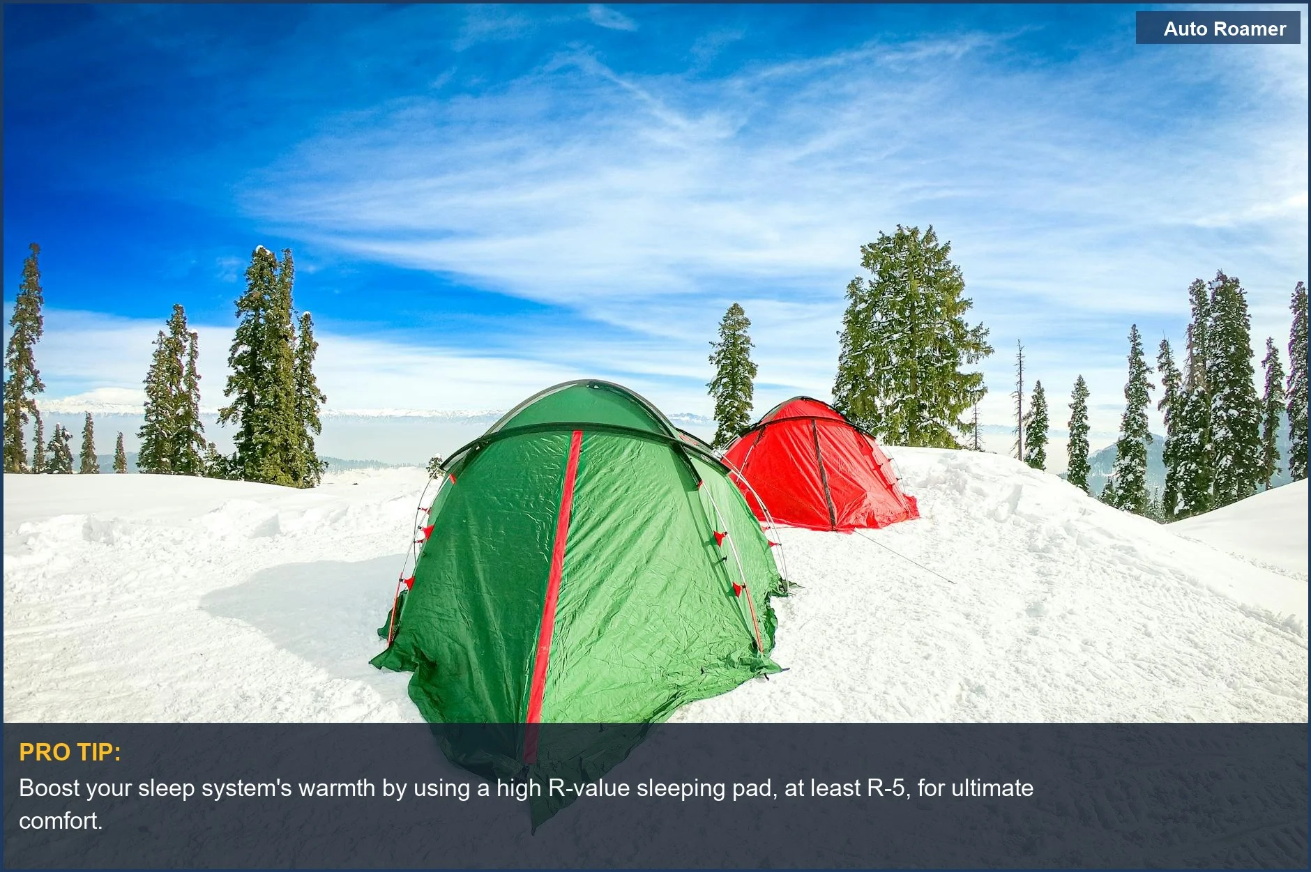 Winter car camping scene with colorful tents pitched in a serene snowy forest, ideal for cold-weather adventures.