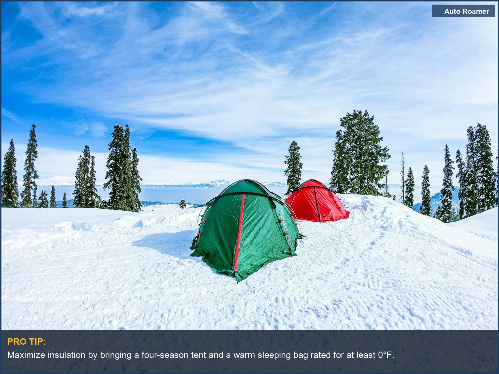 Colorful tents offer cozy shelter during a breathtaking car camping winter adventure in snowy mountains.