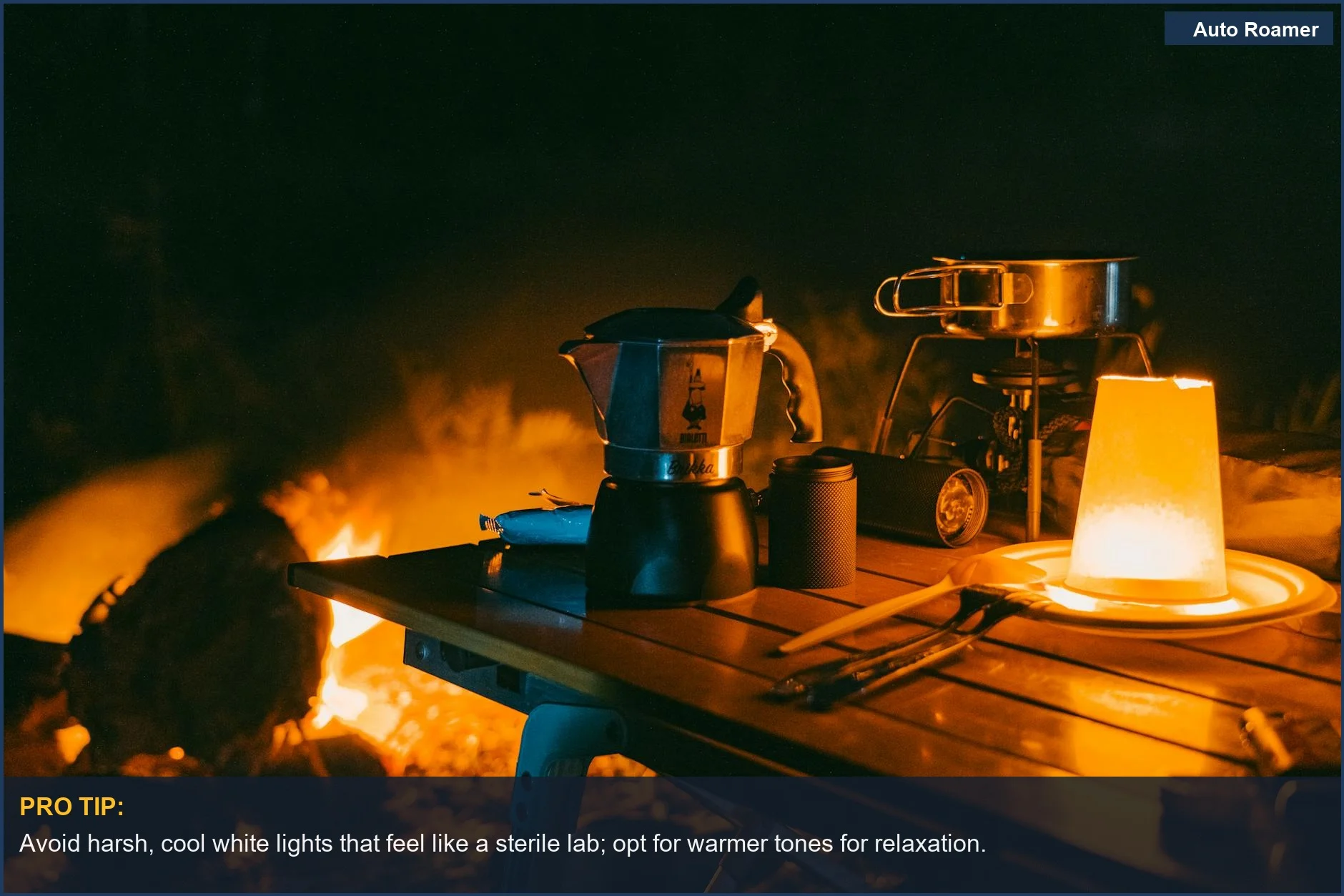 Intimate campfire scene with cooking gear, illustrating the difference warm vs cool LED lights make for camping.