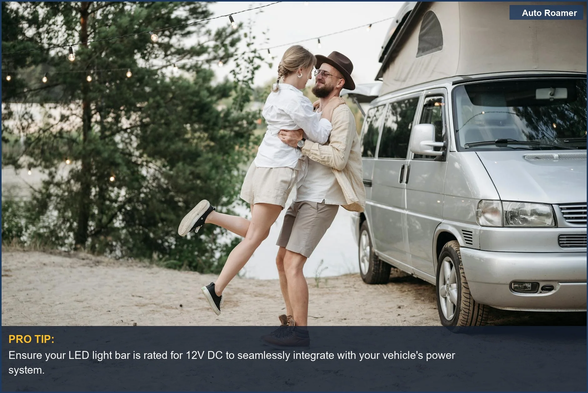 Happy couple embracing near a camper van, enjoying car camping LED light bar voltage on a summer adventure.