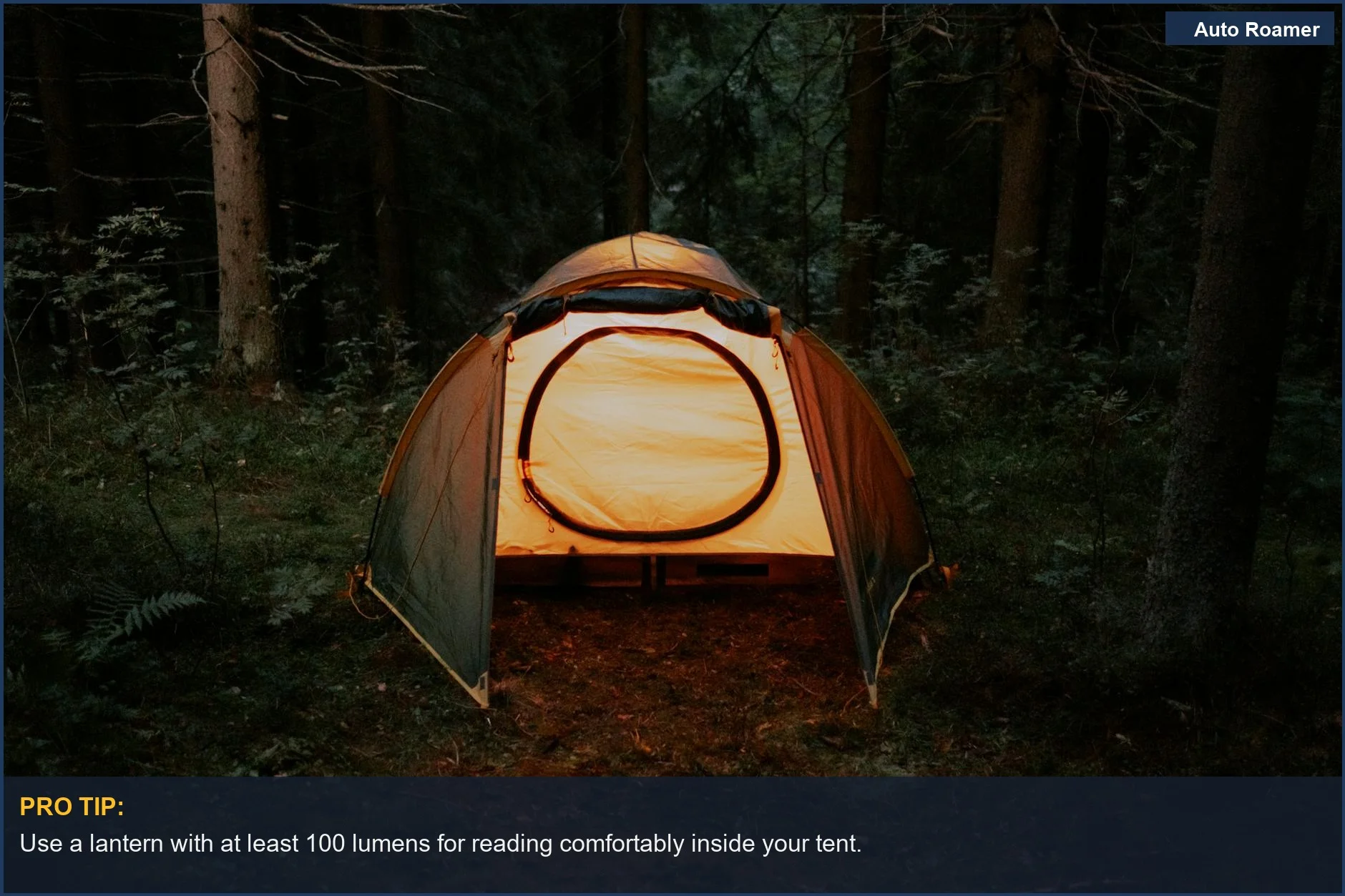 Cozy tent interior warmly lit, demonstrating effective camping illumination for reading and relaxing.