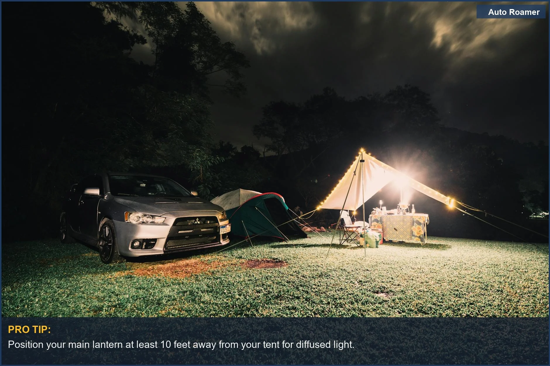 Tents and car illuminated at night, showcasing the importance of reliable car camping lights.