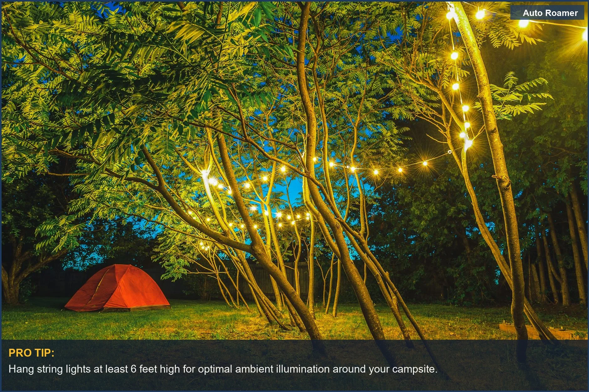 Serene campsite illuminated by warm string lights creating a magical ambiance for car camping.