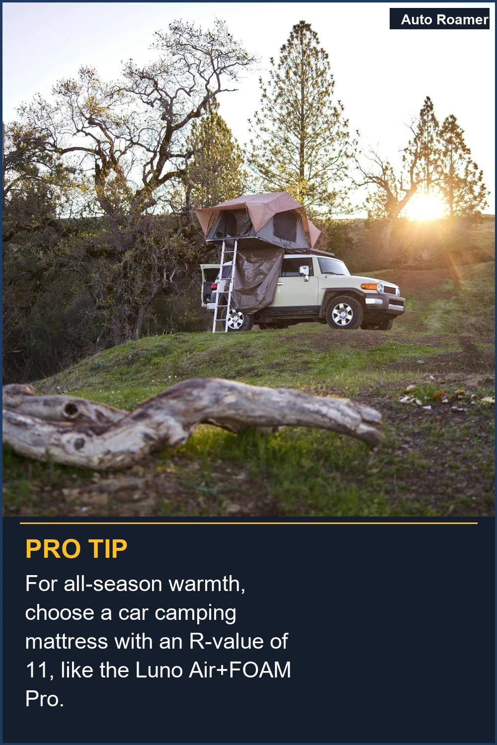 Para calidez en todas las estaciones, elige un colchón para acampar en coche con un valor R de 11, como el Luno Air+FOAM Pro.