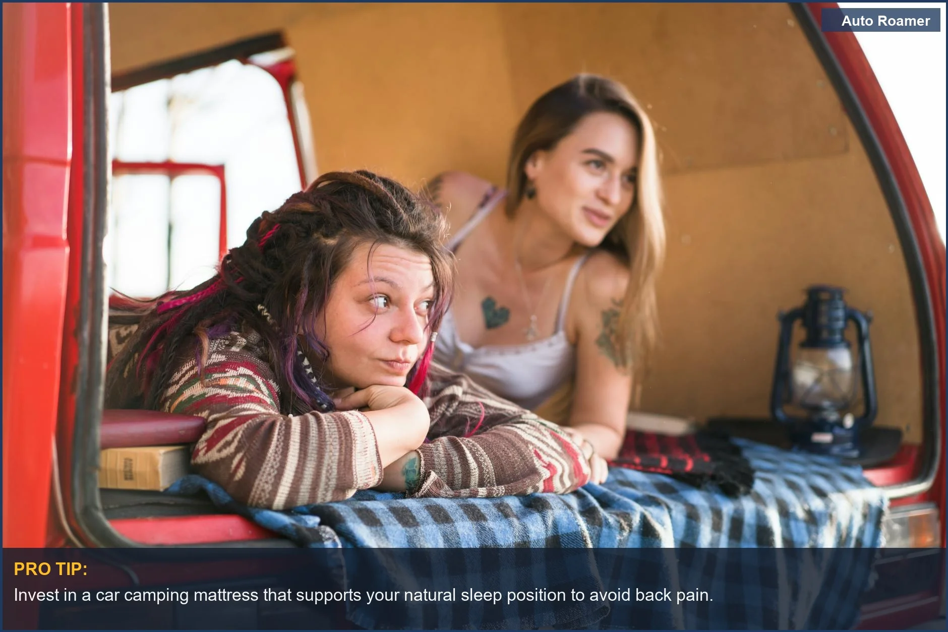 Women relaxing in a van, highlighting the importance of a supportive sleep position.